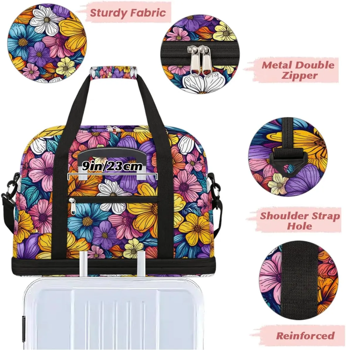 Colorful Flora Fancy Pattern Travel Duffle Bag, Collapsible Travel Bag Sports Gym Bag With Shoes Compartment Weekender Bag Overnight Bag For Women Men