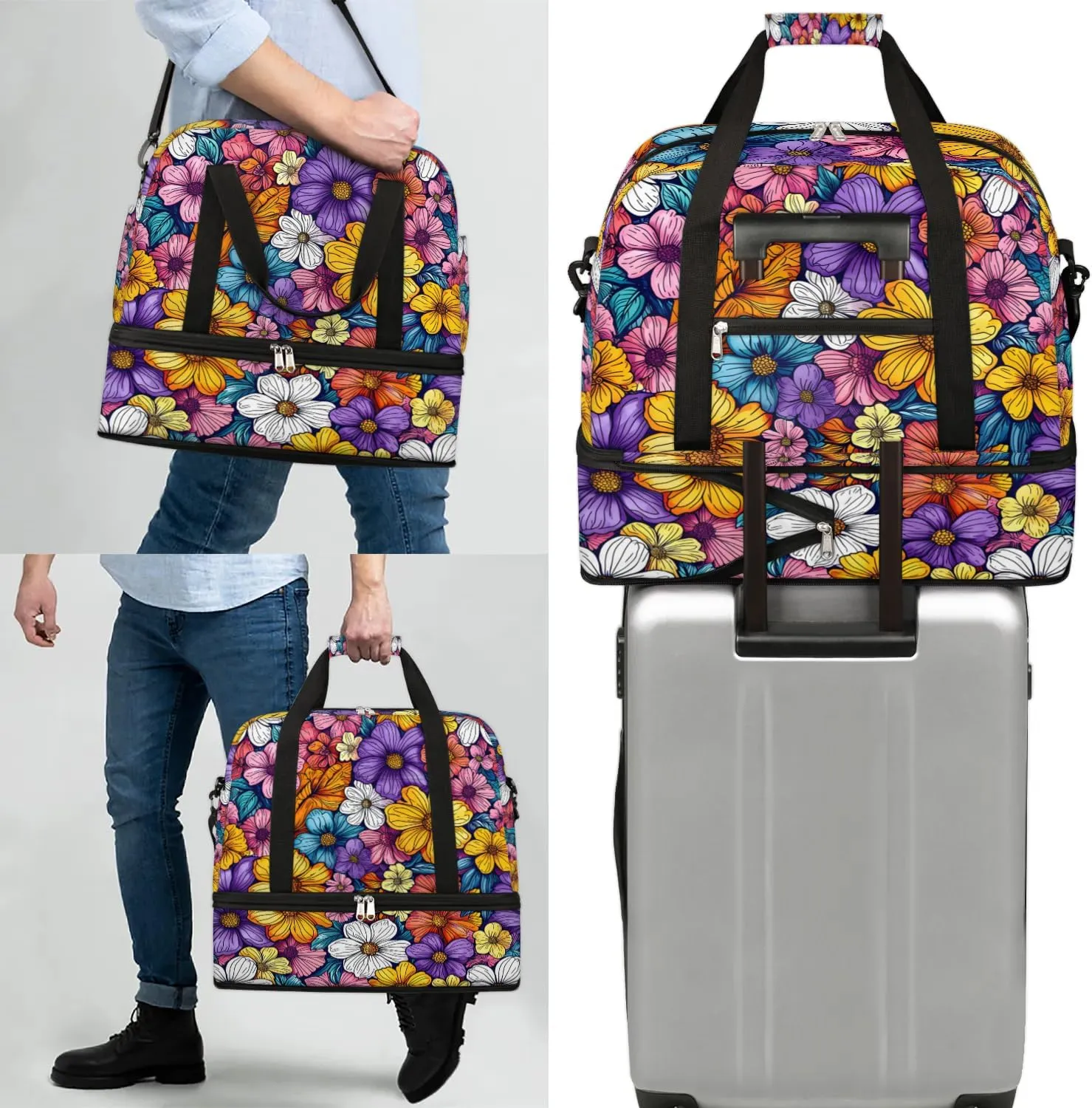 Colorful Flora Fancy Pattern Travel Duffle Bag, Collapsible Travel Bag Sports Gym Bag With Shoes Compartment Weekender Bag Overnight Bag For Women Men