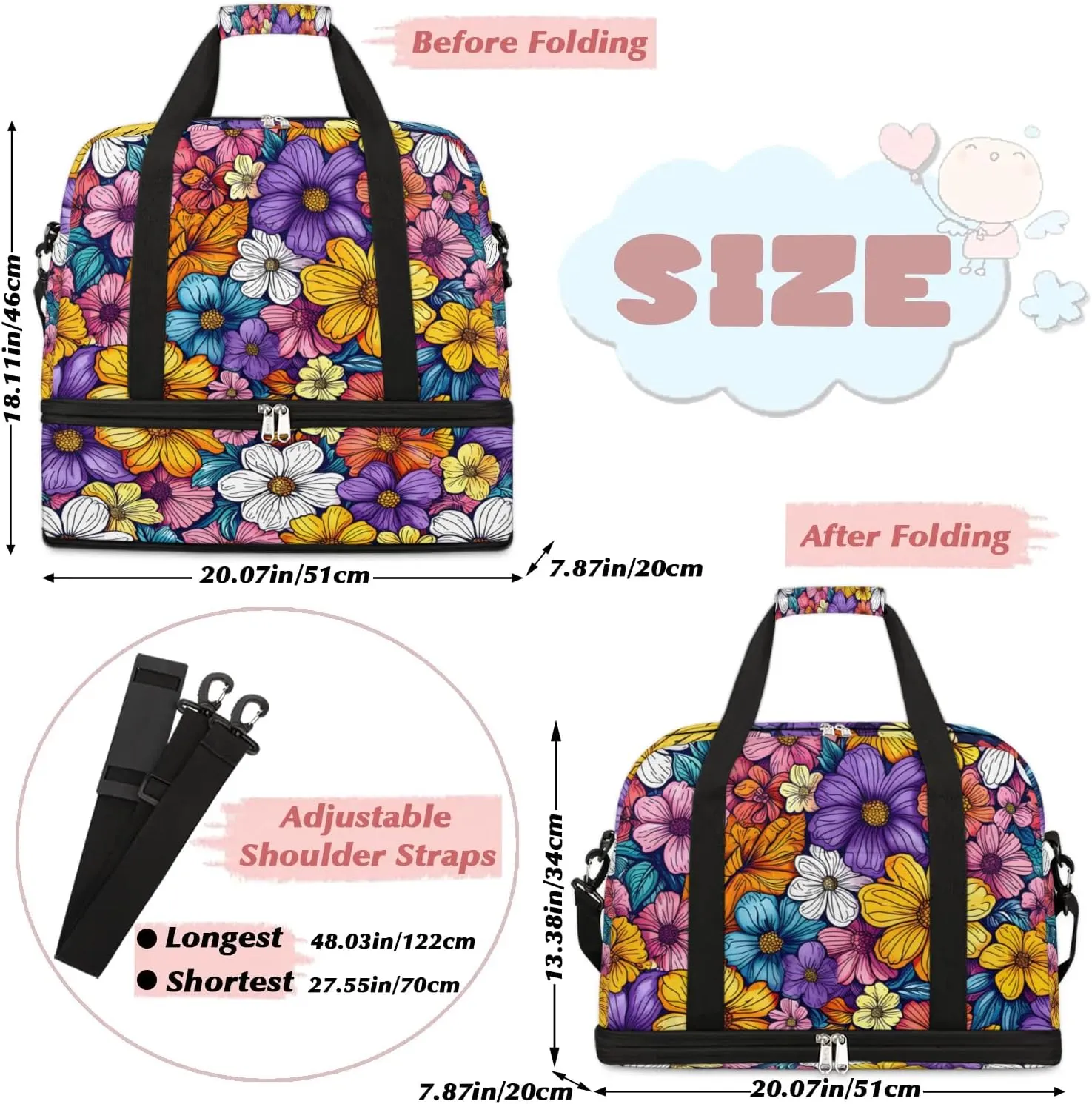 Colorful Flora Fancy Pattern Travel Duffle Bag, Collapsible Travel Bag Sports Gym Bag With Shoes Compartment Weekender Bag Overnight Bag For Women Men