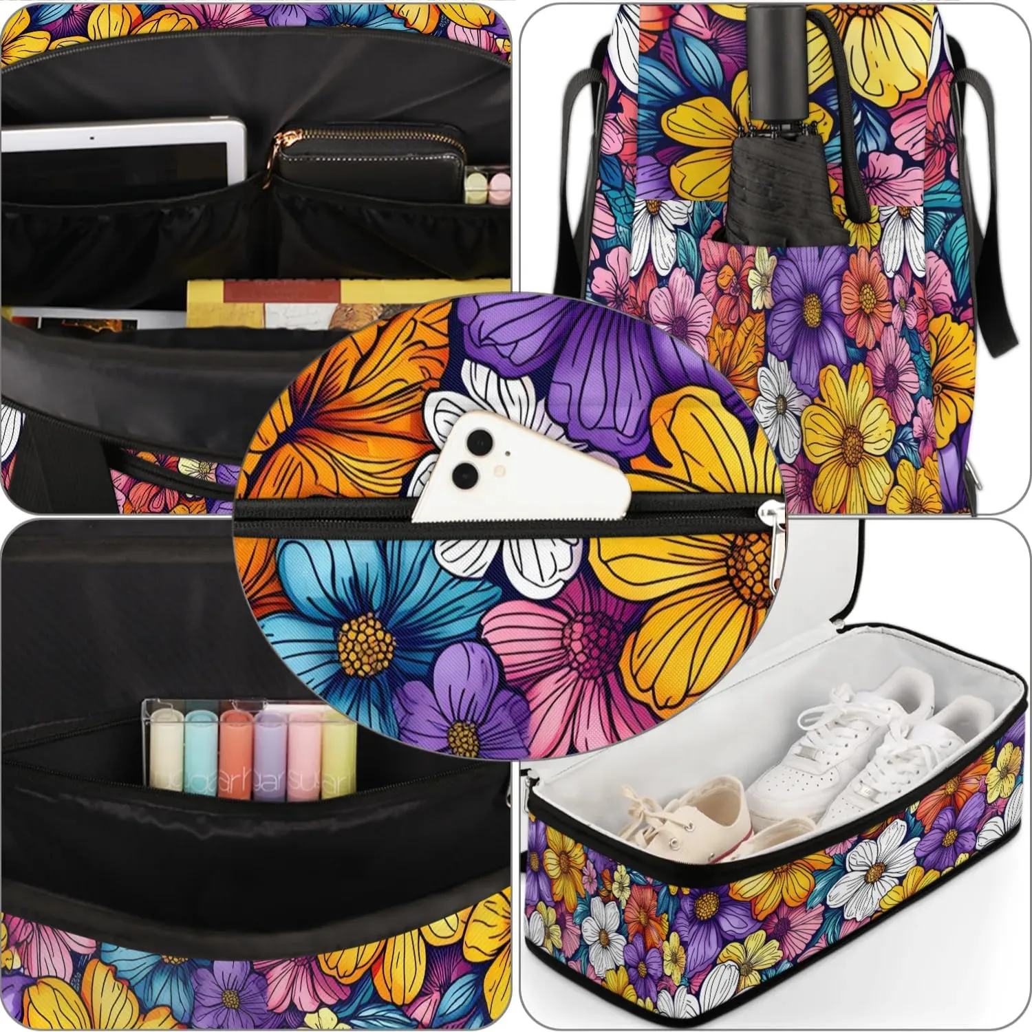 Colorful Flora Fancy Pattern Travel Duffle Bag, Collapsible Travel Bag Sports Gym Bag With Shoes Compartment Weekender Bag Overnight Bag For Women Men