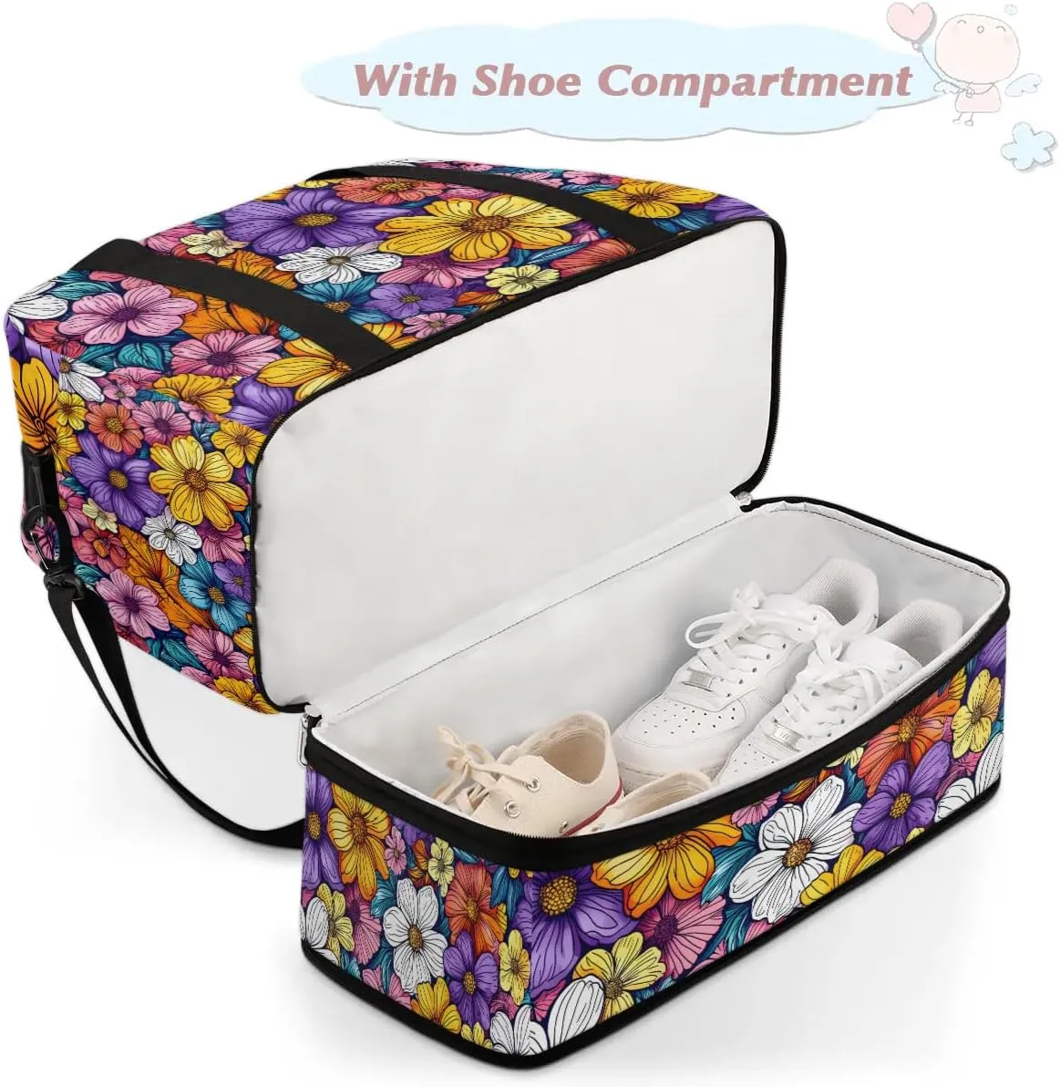 Colorful Flora Fancy Pattern Travel Duffle Bag, Collapsible Travel Bag Sports Gym Bag With Shoes Compartment Weekender Bag Overnight Bag For Women Men