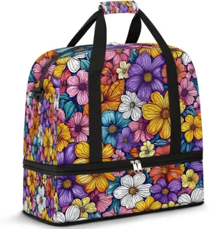 Colorful Flora Fancy Pattern Travel Duffle Bag, Collapsible Travel Bag Sports Gym Bag With Shoes Compartment Weekender Bag Overnight Bag For Women Men