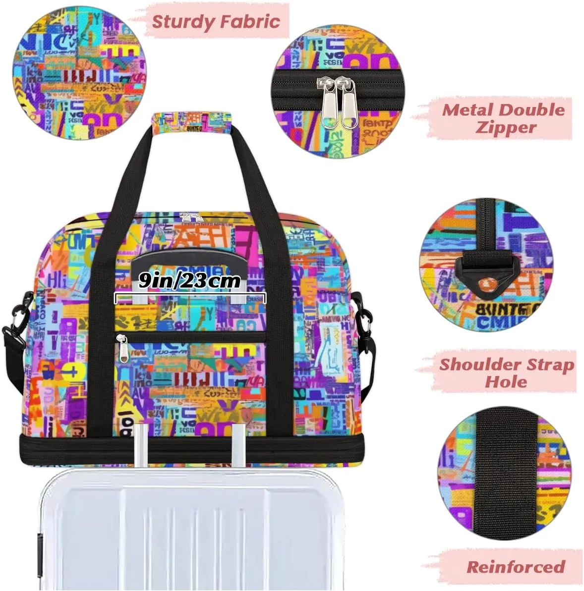 Colorful Modern Foldable Duffle Bag with Shoes Compartment Large Capacity Waterproof Travel Weekender Bag Overnight Bag for Sports Gym