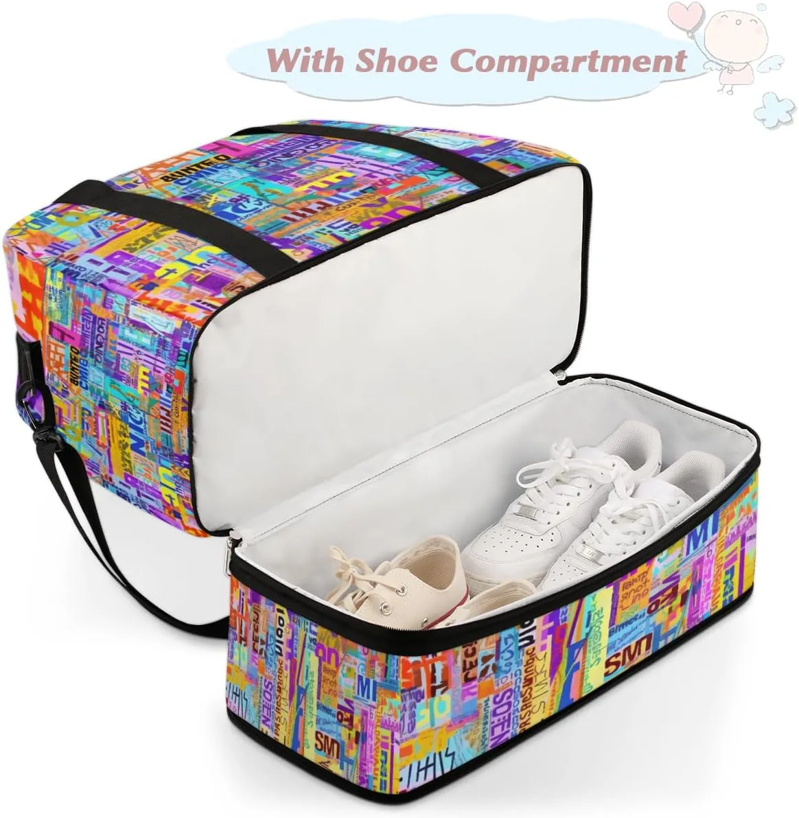 Colorful Modern Foldable Duffle Bag with Shoes Compartment Large Capacity Waterproof Travel Weekender Bag Overnight Bag for Sports Gym