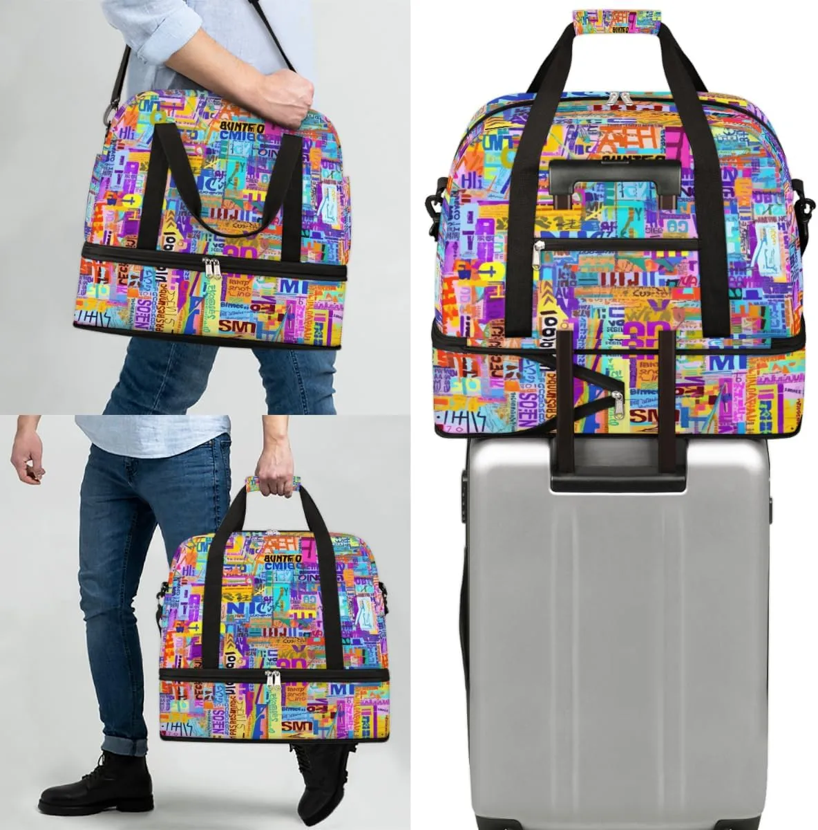 Colorful Modern Foldable Duffle Bag with Shoes Compartment Large Capacity Waterproof Travel Weekender Bag Overnight Bag for Sports Gym
