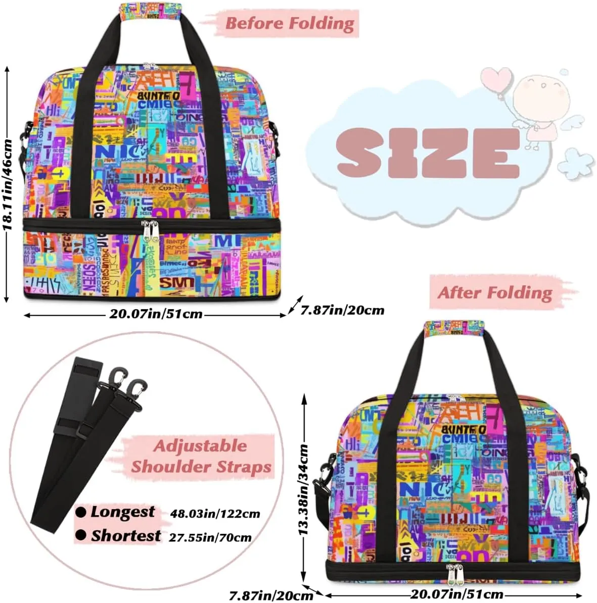 Colorful Modern Foldable Duffle Bag with Shoes Compartment Large Capacity Waterproof Travel Weekender Bag Overnight Bag for Sports Gym