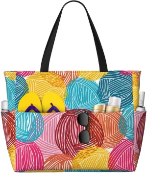 Colorful Wool Balls Large Beach Tote Bag for Women Extra Large Capacity Waterproof Sandproof Pool Bag Suitable for Gym Swimming Pool Travel Groceries
