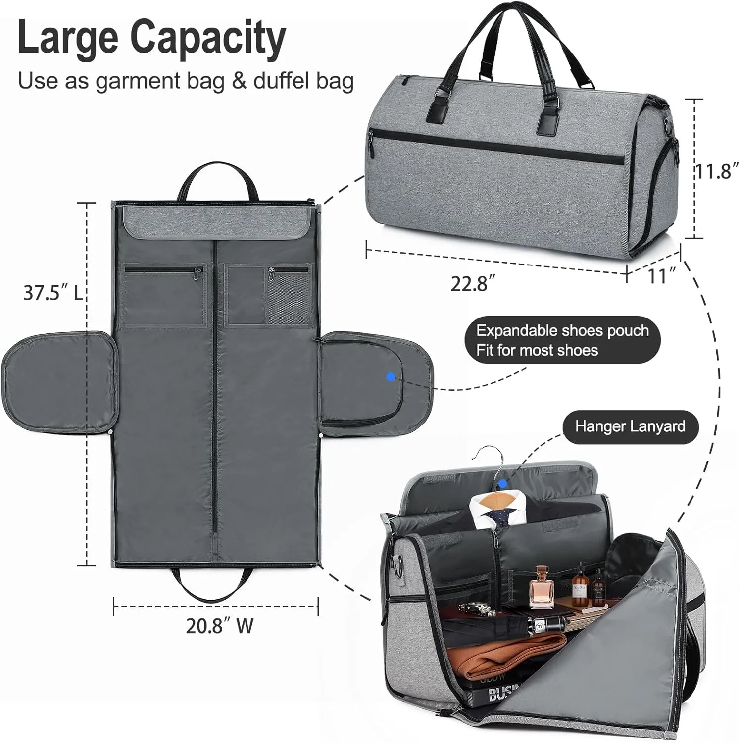 Convertible Garment Bag with Shoulder Strap, Carry on Duffel Bag Waterproof Garment for Men Women - 2 in 1 Hanging Suitcase Suit Travel Bags with Shoe Pocket