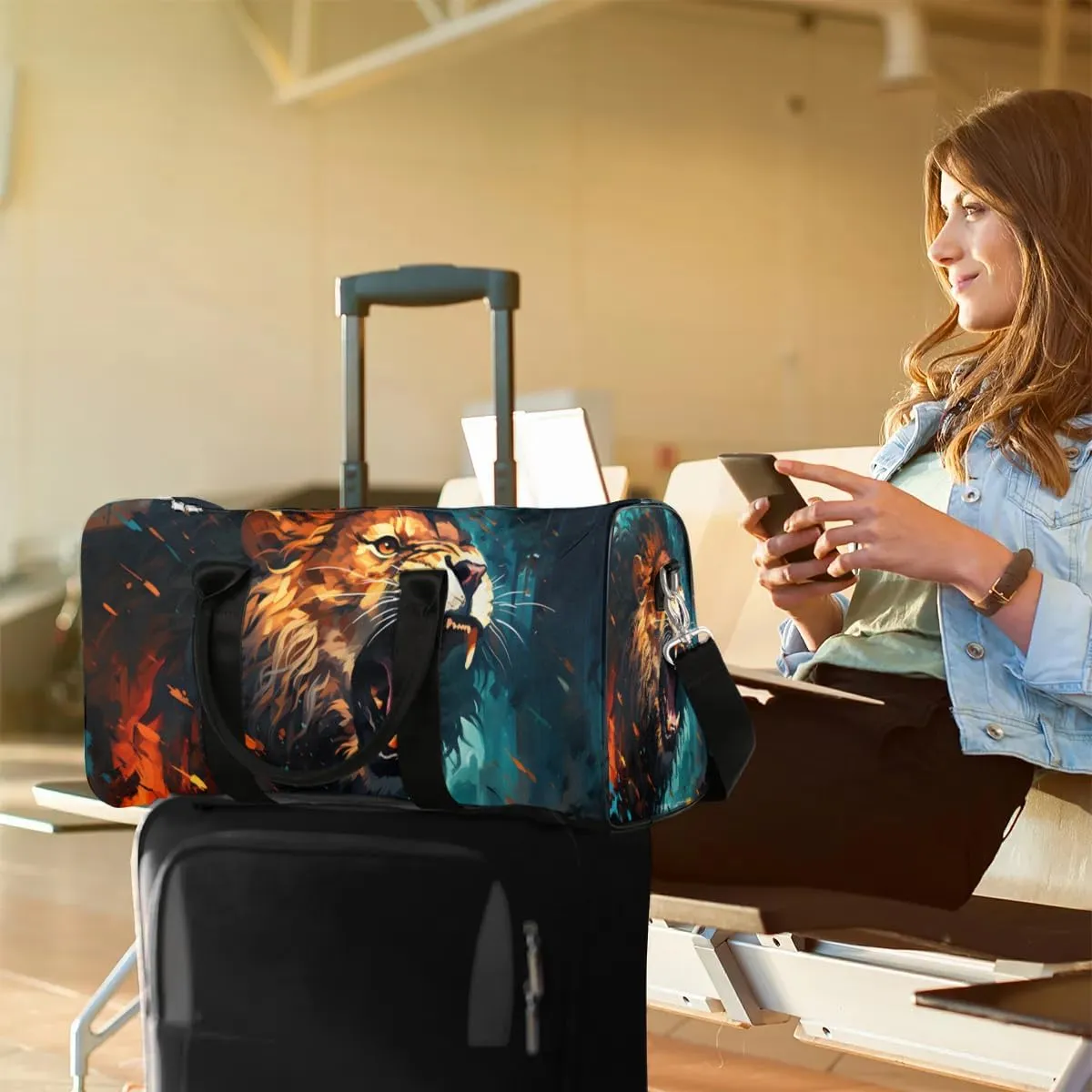 Cool Lion Animal Travel Duffel Bag for Women Men Waterproof Foldable Overnight Weekender Bag Large Capacity Sports Gym Bag