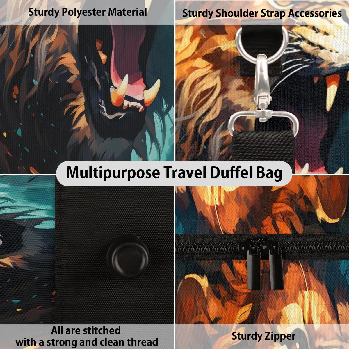 Cool Lion Animal Travel Duffel Bag for Women Men Waterproof Foldable Overnight Weekender Bag Large Capacity Sports Gym Bag