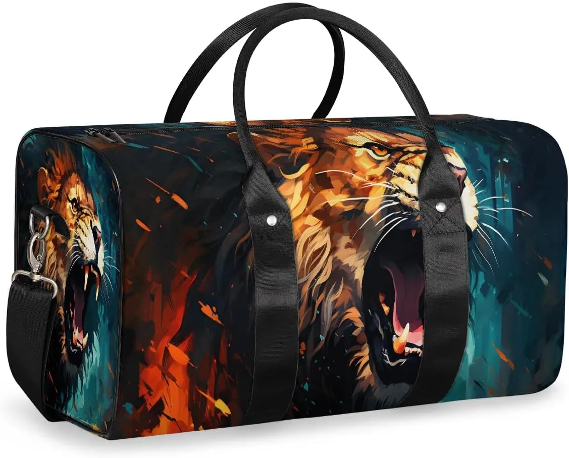 Cool Lion Animal Travel Duffel Bag for Women Men Waterproof Foldable Overnight Weekender Bag Large Capacity Sports Gym Bag