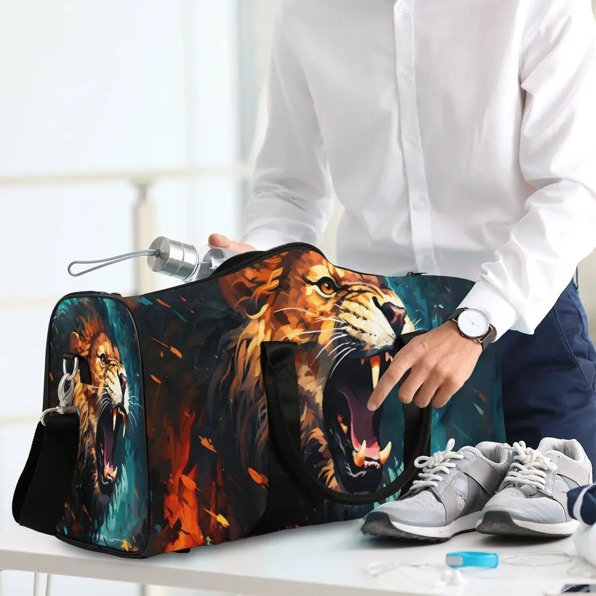 Cool Lion Animal Travel Duffel Bag for Women Men Waterproof Foldable Overnight Weekender Bag Large Capacity Sports Gym Bag