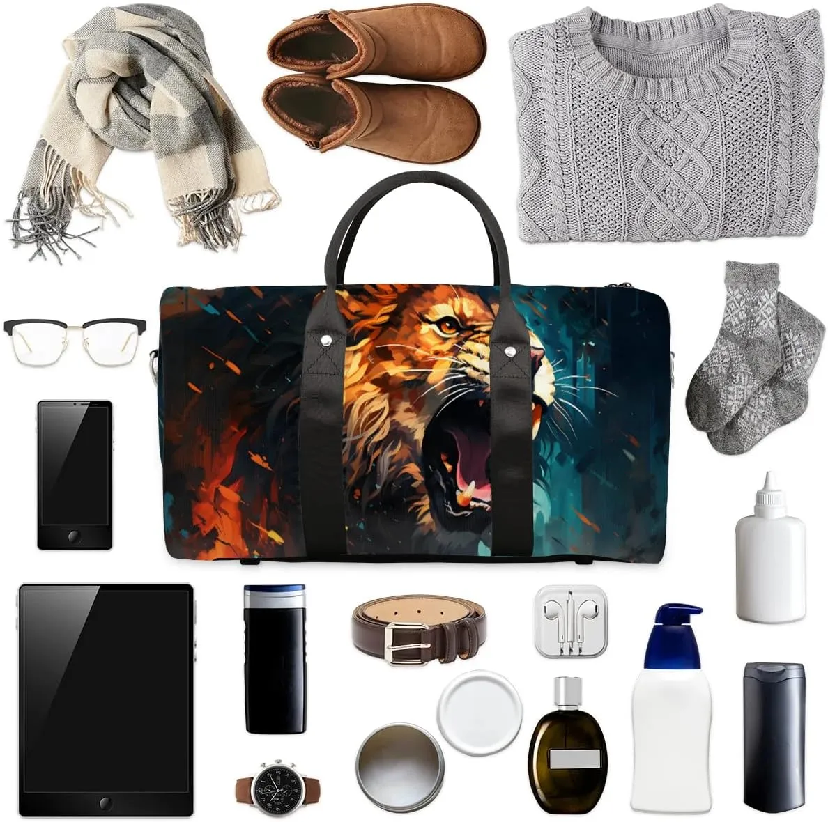 Cool Lion Animal Travel Duffel Bag for Women Men Waterproof Foldable Overnight Weekender Bag Large Capacity Sports Gym Bag