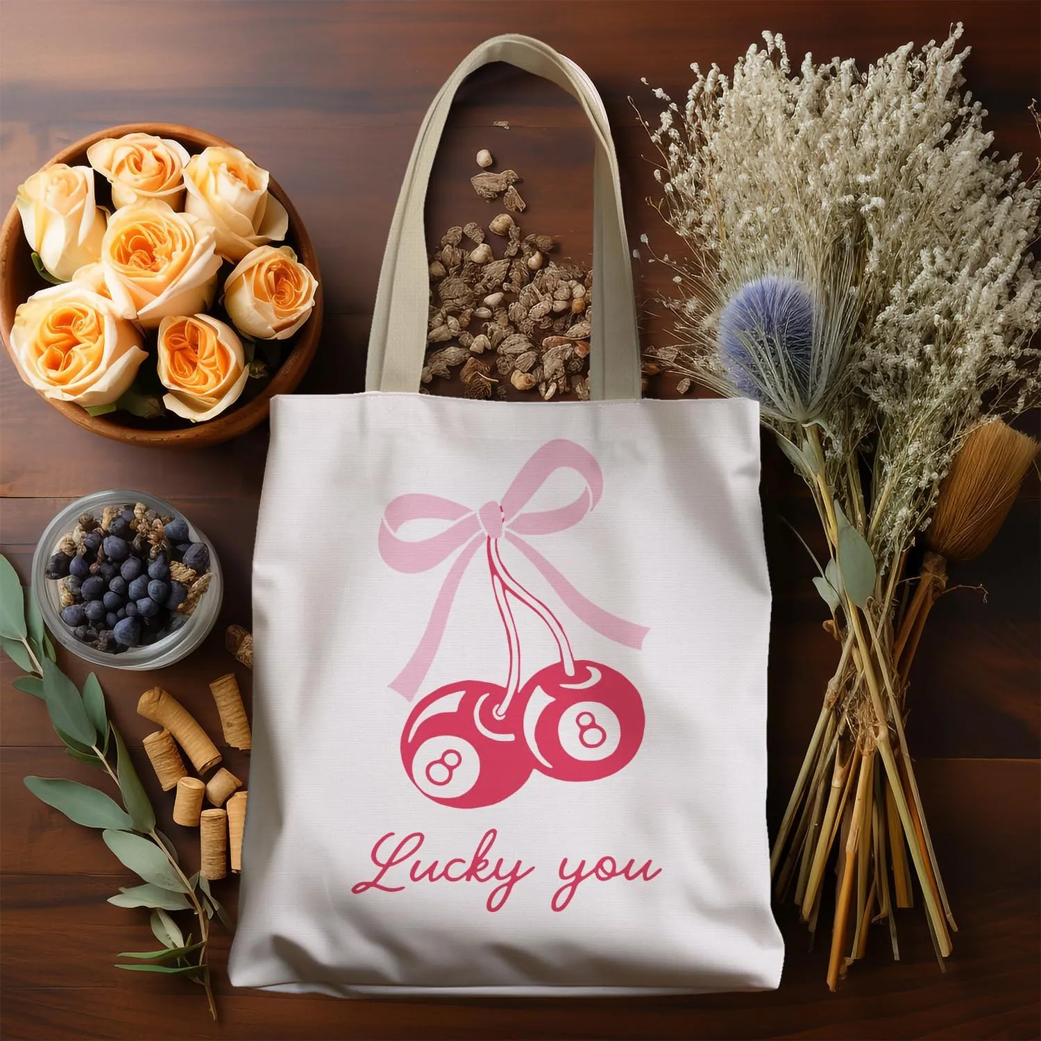 Coquette Pink Bow Lucky Magic 8 Ball Cherry Canvas Tote Bag Aesthetic, Coquette Stuff, Reusable Grocery Shopping Bags