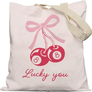 Coquette Pink Bow Lucky Magic 8 Ball Cherry Canvas Tote Bag Aesthetic, Coquette Stuff, Reusable Grocery Shopping Bags