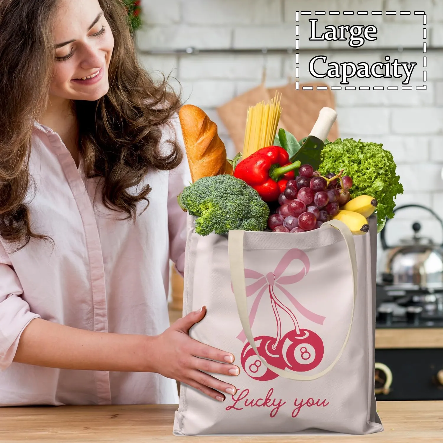 Coquette Pink Bow Lucky Magic 8 Ball Cherry Canvas Tote Bag Aesthetic, Coquette Stuff, Reusable Grocery Shopping Bags