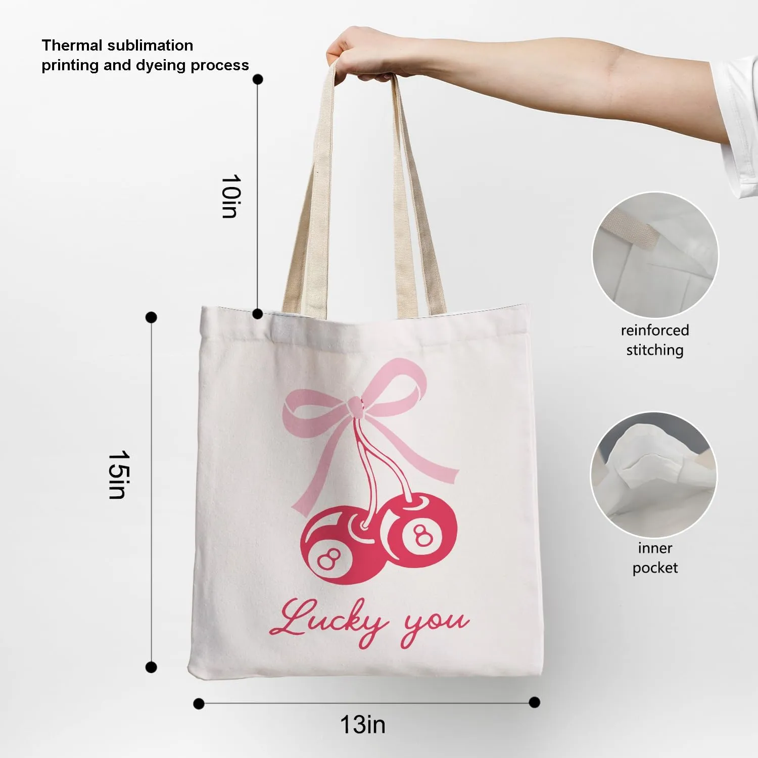 Coquette Pink Bow Lucky Magic 8 Ball Cherry Canvas Tote Bag Aesthetic, Coquette Stuff, Reusable Grocery Shopping Bags