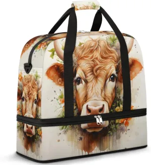 Cows and Flora Travel Duffel Bag for Women Men Weekender Overnight Bag with Shoe Compartment Foldable Sports Gym Luggage Bag