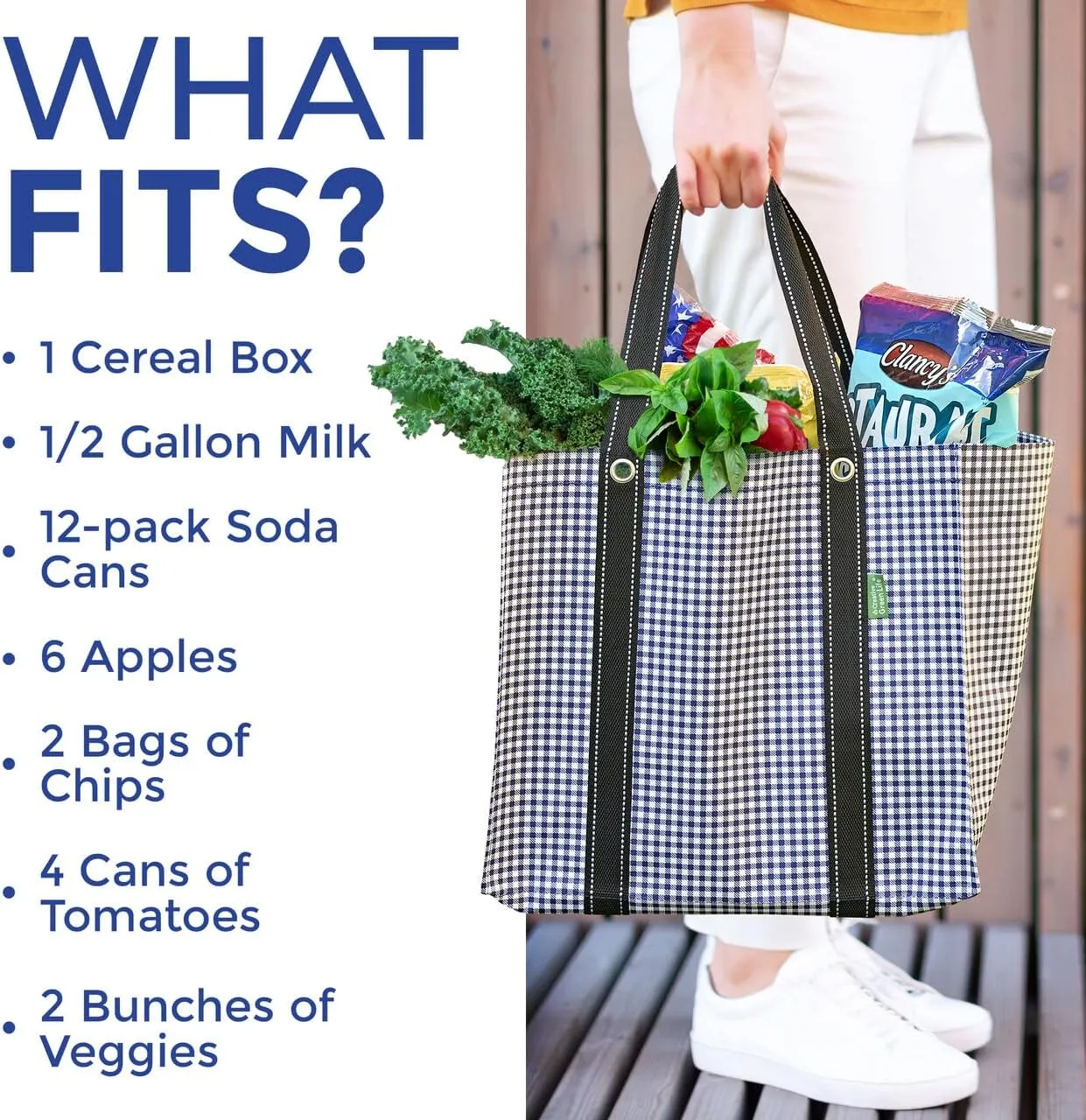 Creative Green Life 3 Pack Heavy Duty Reusable Grocery Bags with Hard Bottom & Strong Handles – Foldable, Durable, Easy to clean, Water-Resistant & Multi-Purpose (Blue Checkered)
