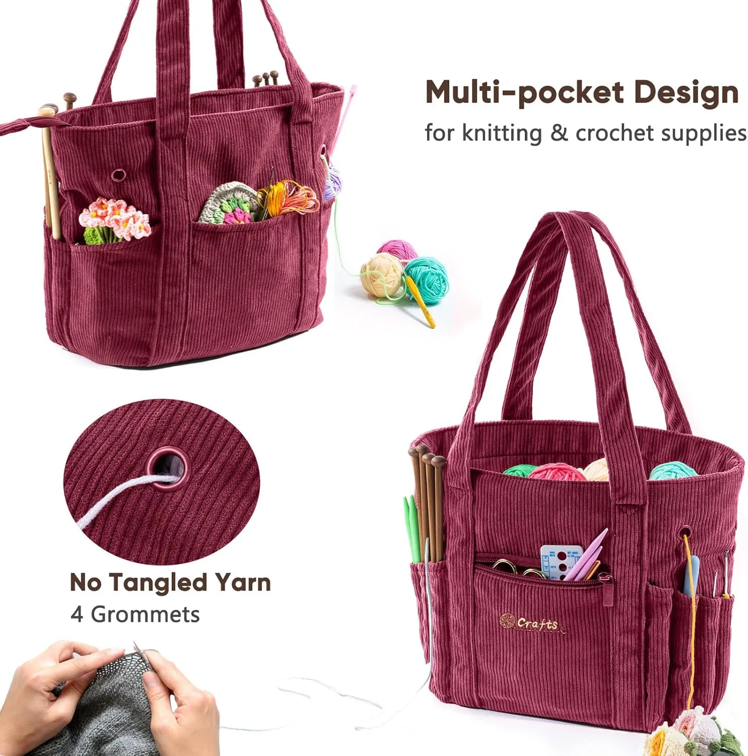 Crochet Bag and Tote - Corduroy Yarn Bag - Yarn Holder for Crocheting - Crochet Storage Bag for Crochet Hooks, Crochet Accessories, Knitting Bag for Crochet Lovers, Mother's Day Gift