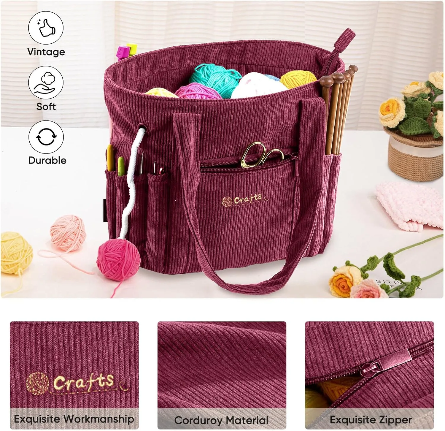 Crochet Bag and Tote - Corduroy Yarn Bag - Yarn Holder for Crocheting - Crochet Storage Bag for Crochet Hooks, Crochet Accessories, Knitting Bag for Crochet Lovers, Mother's Day Gift