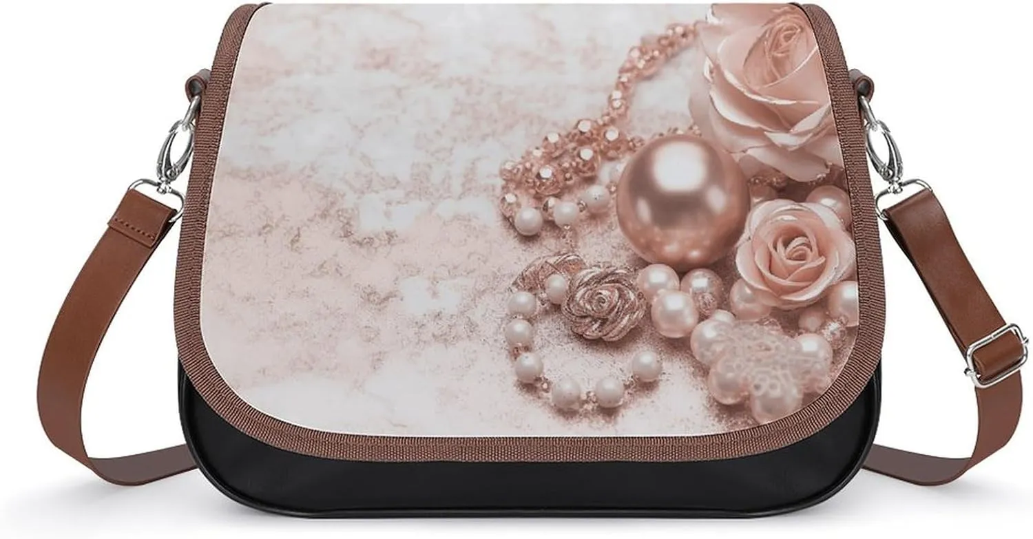Crossbody Bag,Blush Rose Gold Print Leather Crossbody Bag,flapover Crossbody Bag,crossover Shoulder Bag with Adjustable Strap & Flip
