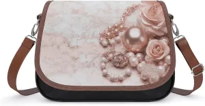 Crossbody Bag,Blush Rose Gold Print Leather Crossbody Bag,flapover Crossbody Bag,crossover Shoulder Bag with Adjustable Strap & Flip