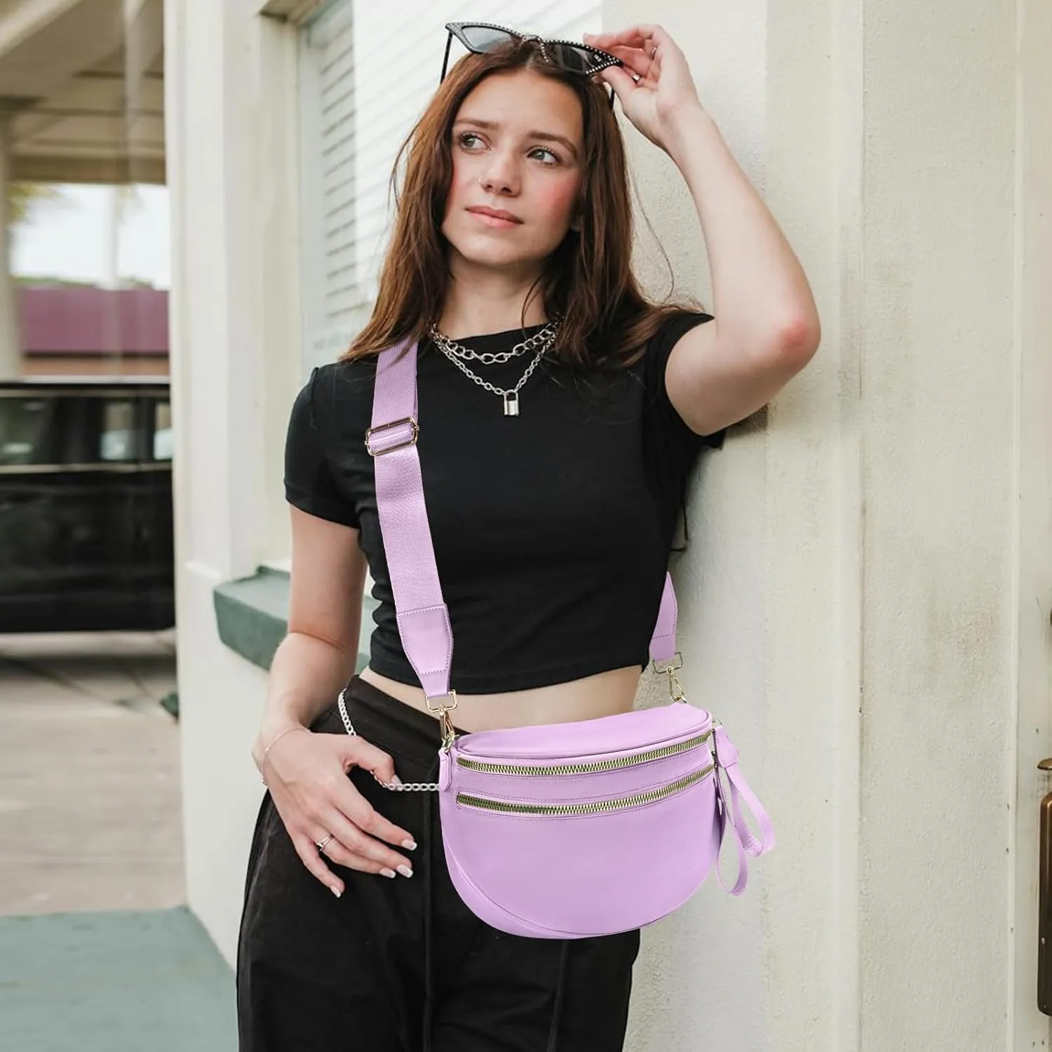 Crossbody Bags Bum Bag for Women Large Sling Bag Purse with Adjustable Strap（Purple）
