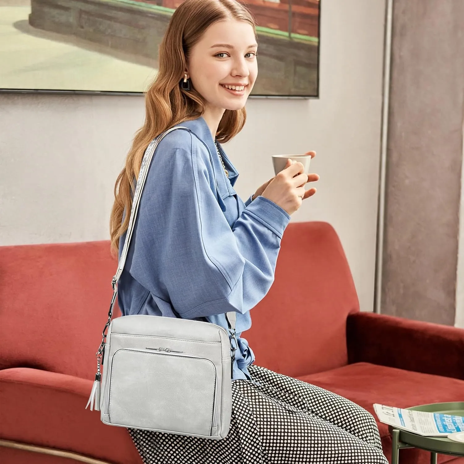 Crossbody Purses for Women, Medium Crossbody Bag Bags for Women Soft Leather Shoulder Handbags Trendy Travel Purse Built in Wallet with Adjustable Strap Grey