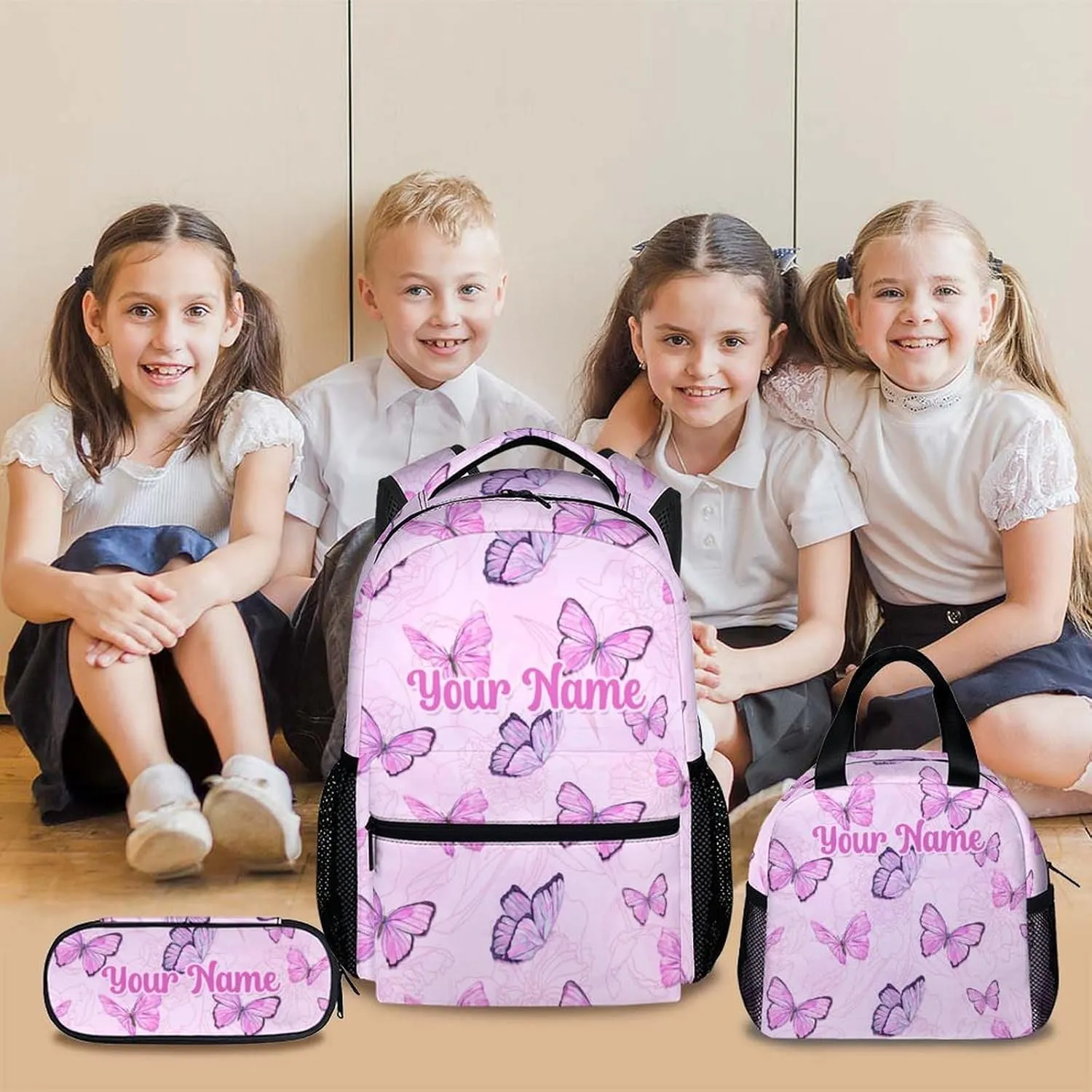 Custom Butterfly School Backpack, Personalized Backpacks Lunch Box for Kids Girls 3 in 1 Elementary Lightweight Cute Bookbag Pencil Case for School Travel