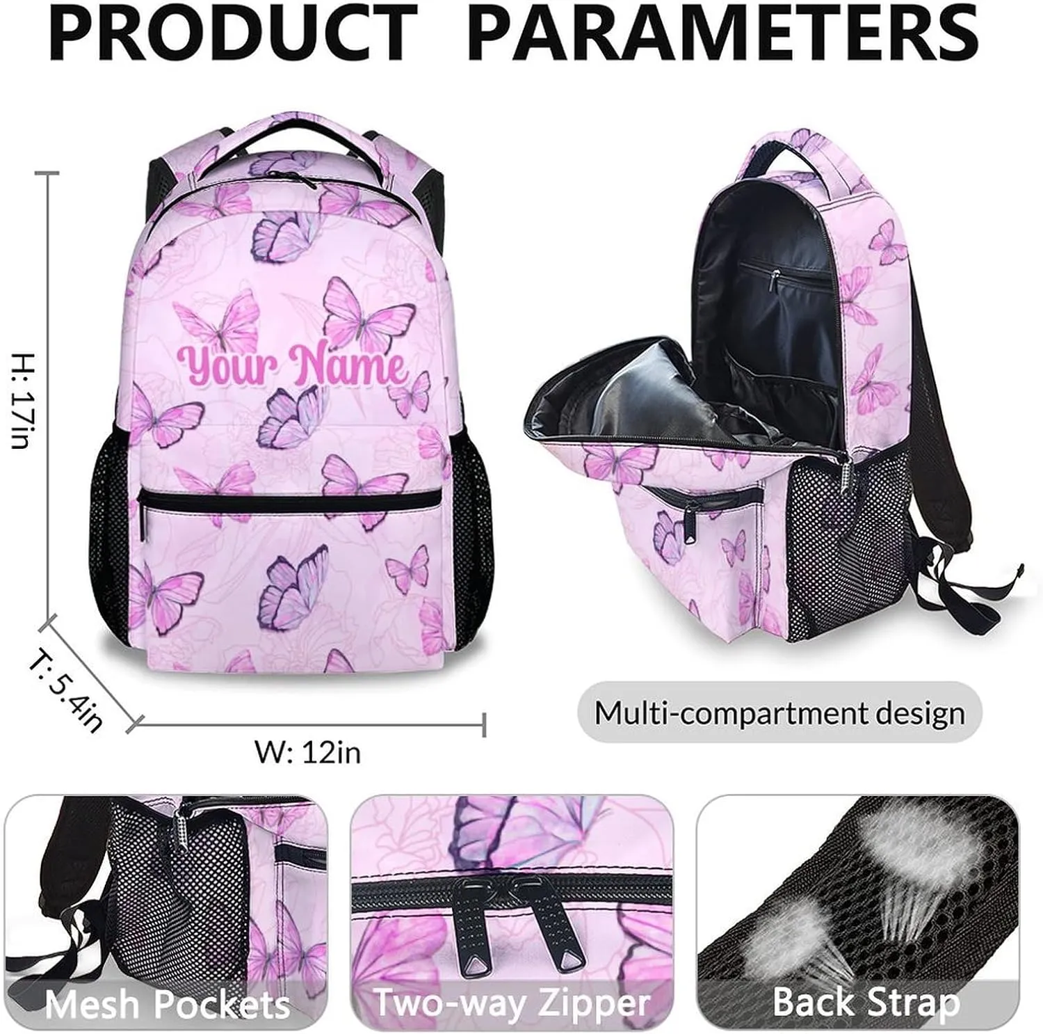 Custom Butterfly School Backpack, Personalized Backpacks Lunch Box for Kids Girls 3 in 1 Elementary Lightweight Cute Bookbag Pencil Case for School Travel