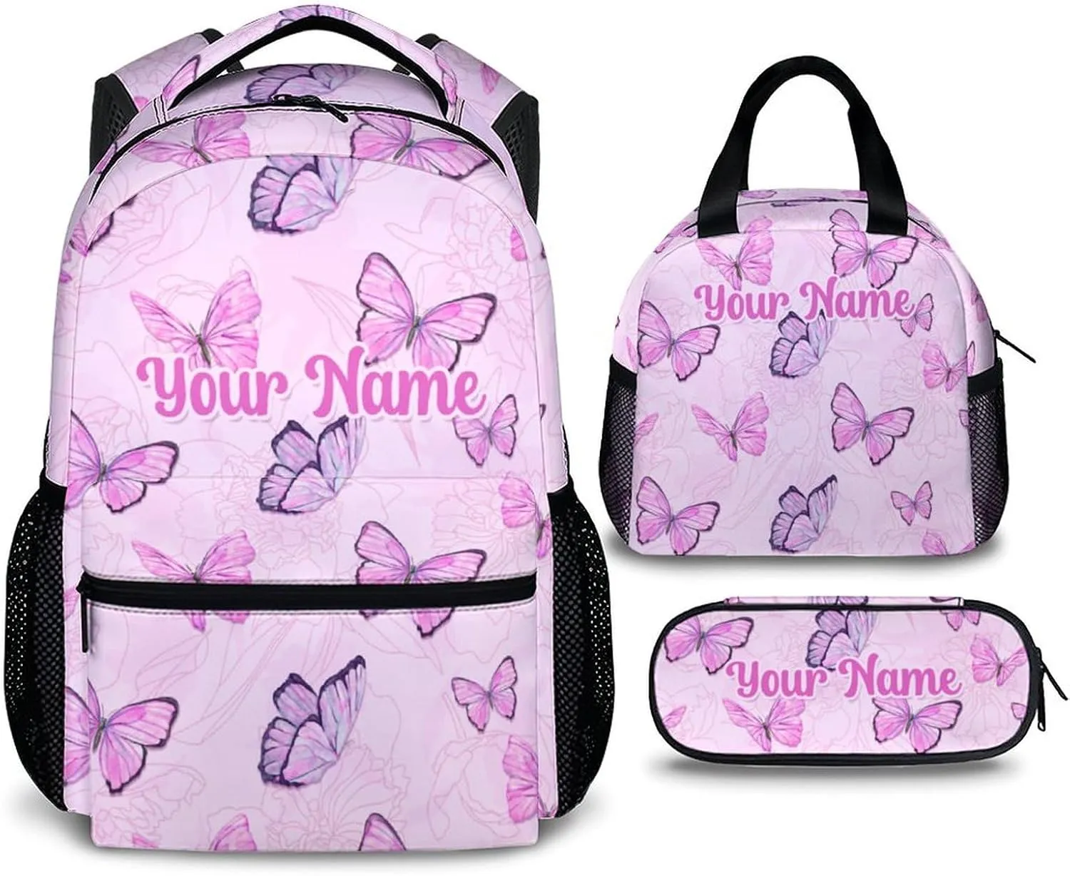 Custom Butterfly School Backpack, Personalized Backpacks Lunch Box for Kids Girls 3 in 1 Elementary Lightweight Cute Bookbag Pencil Case for School Travel