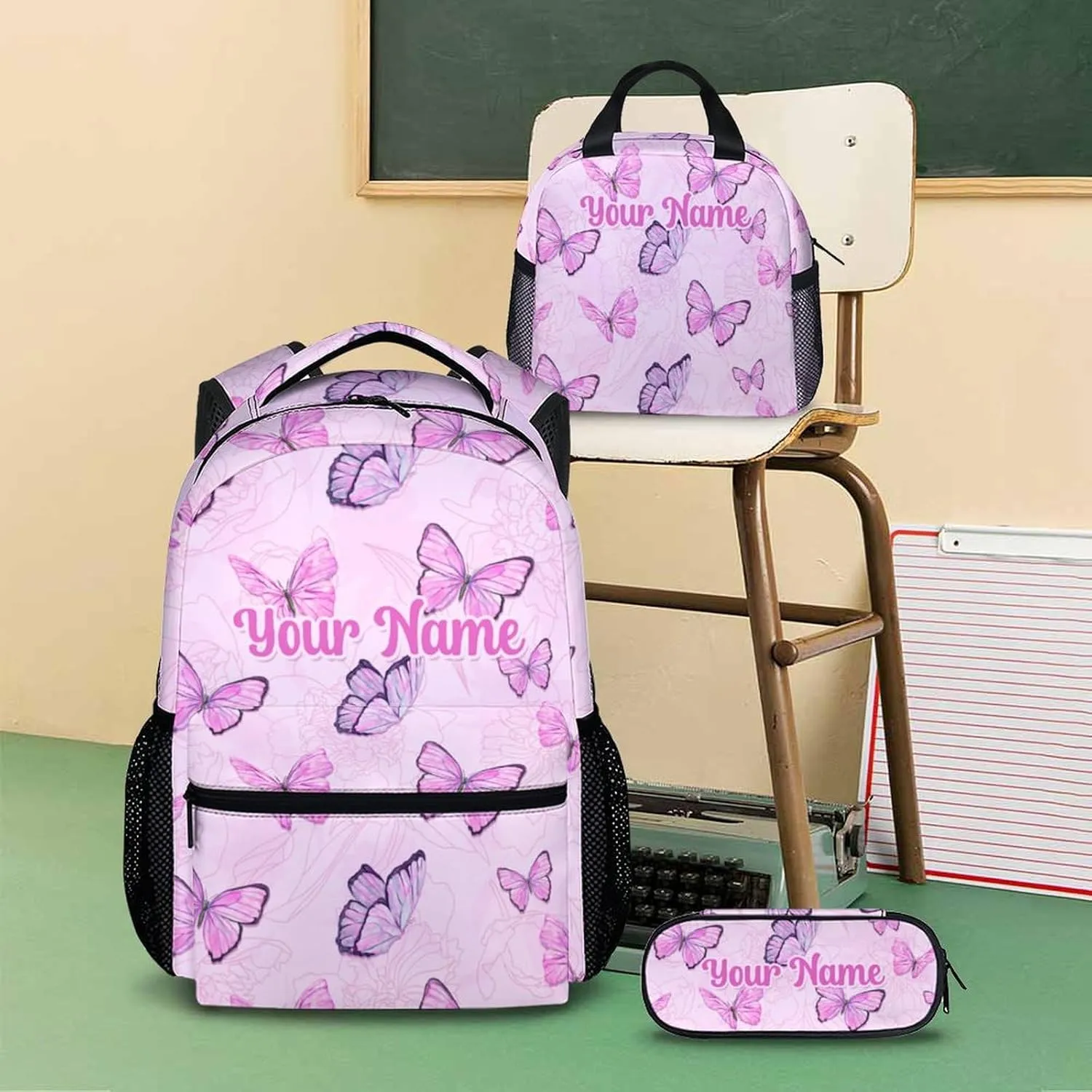Custom Butterfly School Backpack, Personalized Backpacks Lunch Box for Kids Girls 3 in 1 Elementary Lightweight Cute Bookbag Pencil Case for School Travel