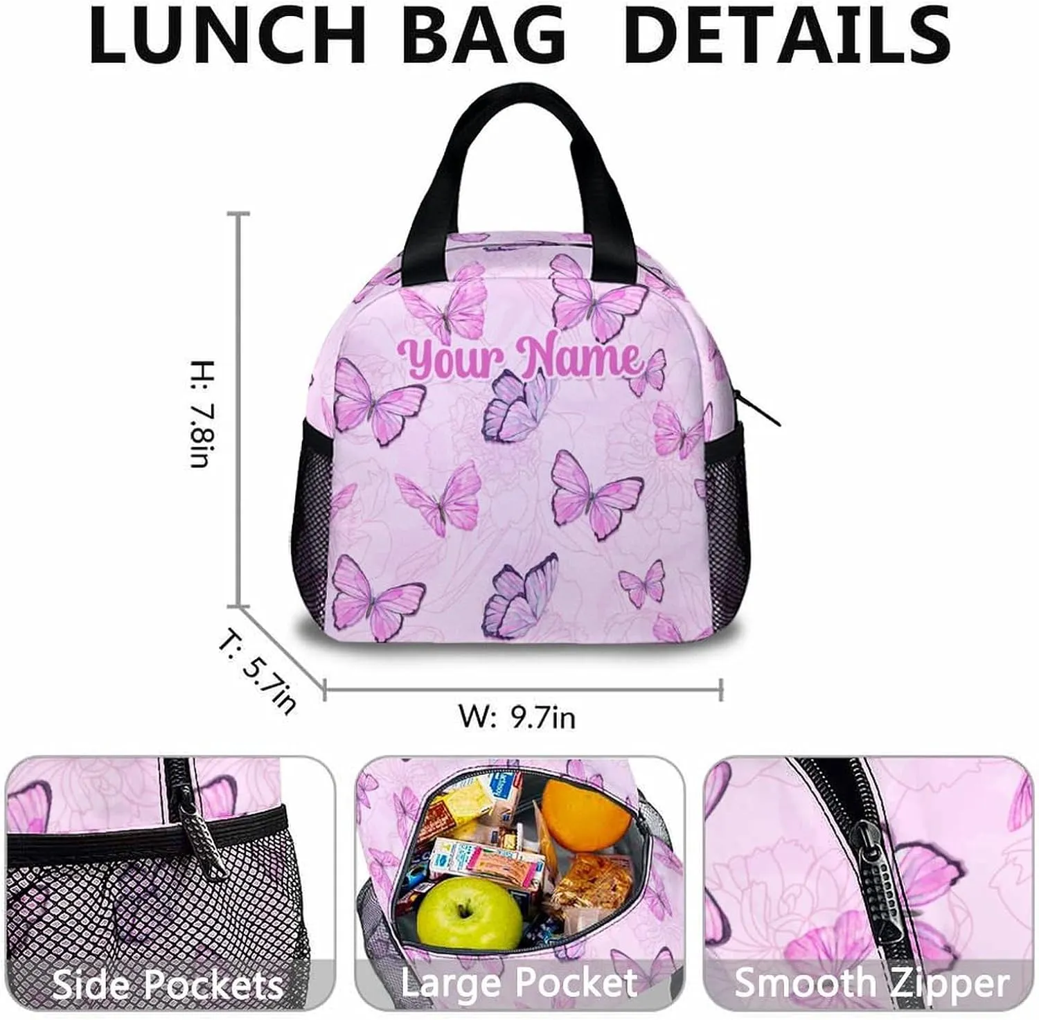 Custom Butterfly School Backpack, Personalized Backpacks Lunch Box for Kids Girls 3 in 1 Elementary Lightweight Cute Bookbag Pencil Case for School Travel