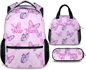 Custom Butterfly School Backpack, Personalized Backpacks Lunch Box for Kids Girls 3 in 1 Elementary Lightweight Cute Bookbag Pencil Case for School Travel