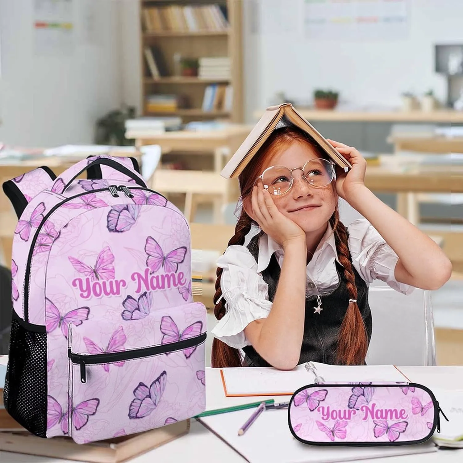 Custom Butterfly School Backpack, Personalized Backpacks Lunch Box for Kids Girls 3 in 1 Elementary Lightweight Cute Bookbag Pencil Case for School Travel