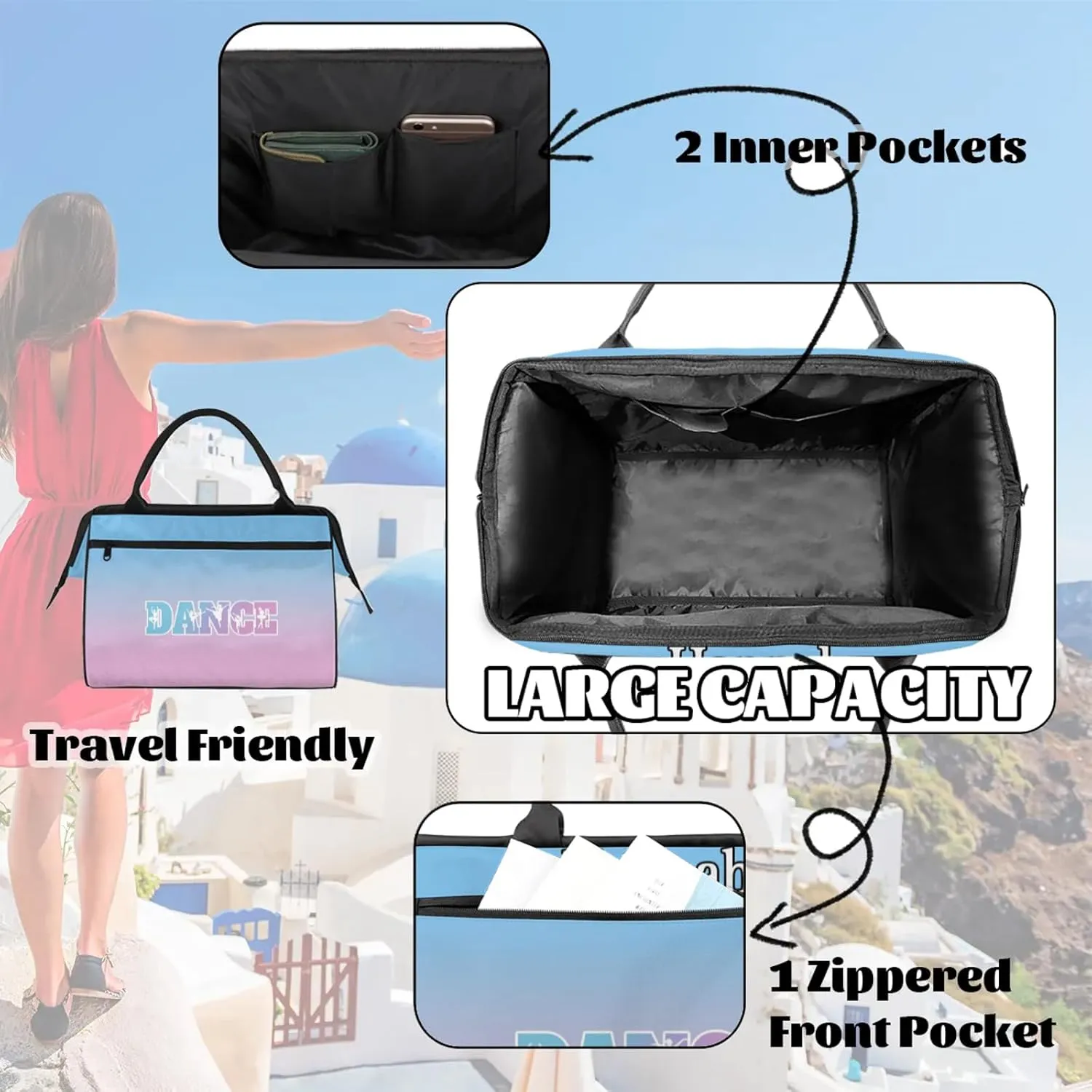 Custom Dance Duffel Bag with Name Personalized Sport Gym Bags Waterproof Customized Travel Duffel Bags Overnight Weekender Carry-On Tote 15.2in, Sky Blue Pink