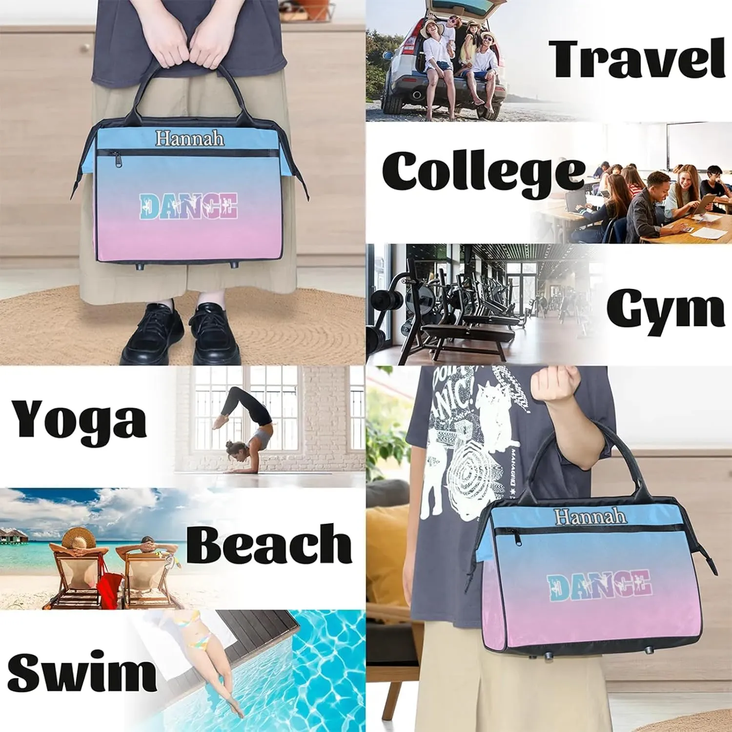 Custom Dance Duffel Bag with Name Personalized Sport Gym Bags Waterproof Customized Travel Duffel Bags Overnight Weekender Carry-On Tote 15.2in, Sky Blue Pink