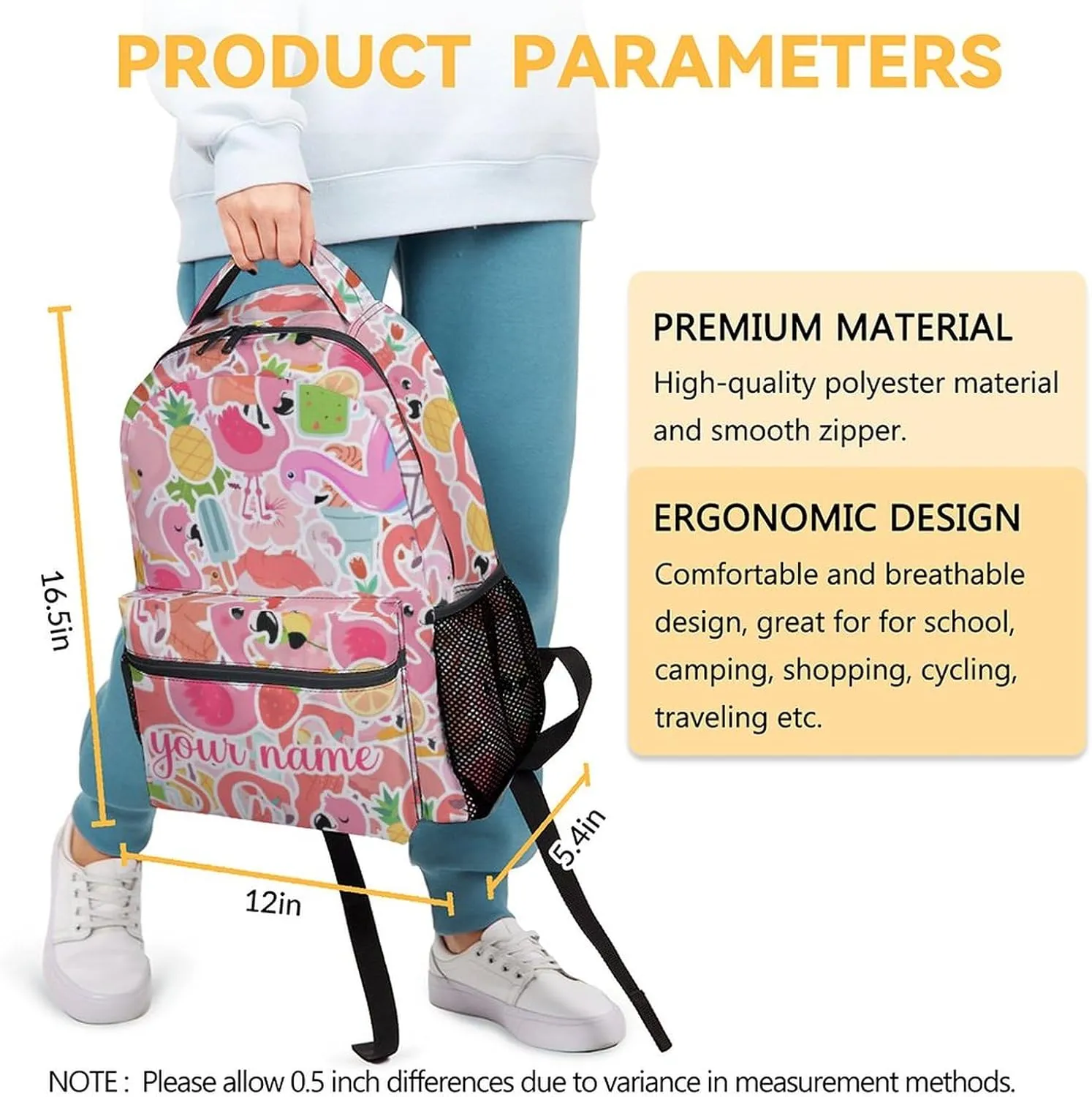 Custom Flamingo Backpack for Girls Boys, 16 Inch Pink Backpacks for School, Cute Lightweight Durable Bookbag for Kids