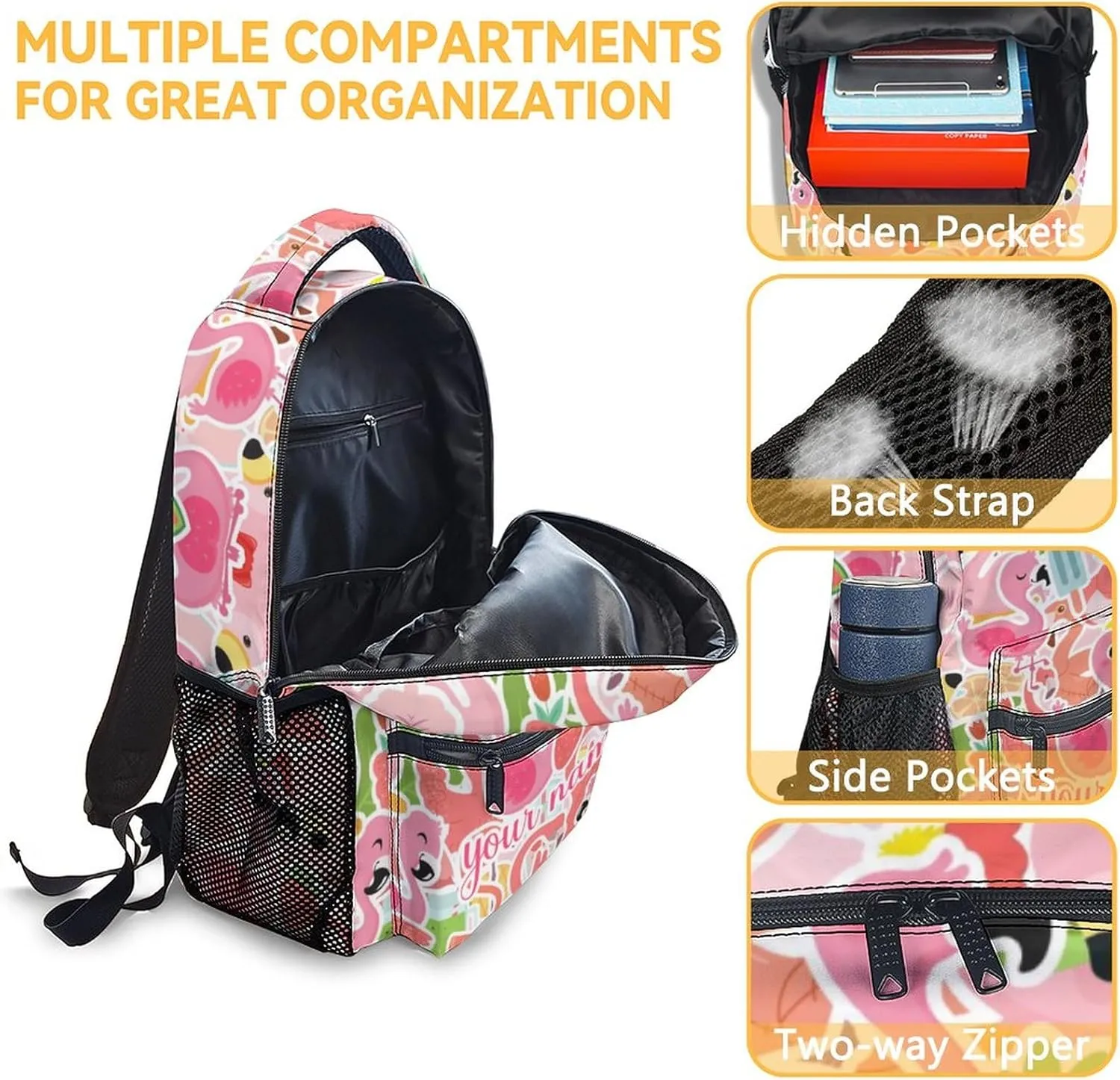 Custom Flamingo Backpack for Girls Boys, 16 Inch Pink Backpacks for School, Cute Lightweight Durable Bookbag for Kids