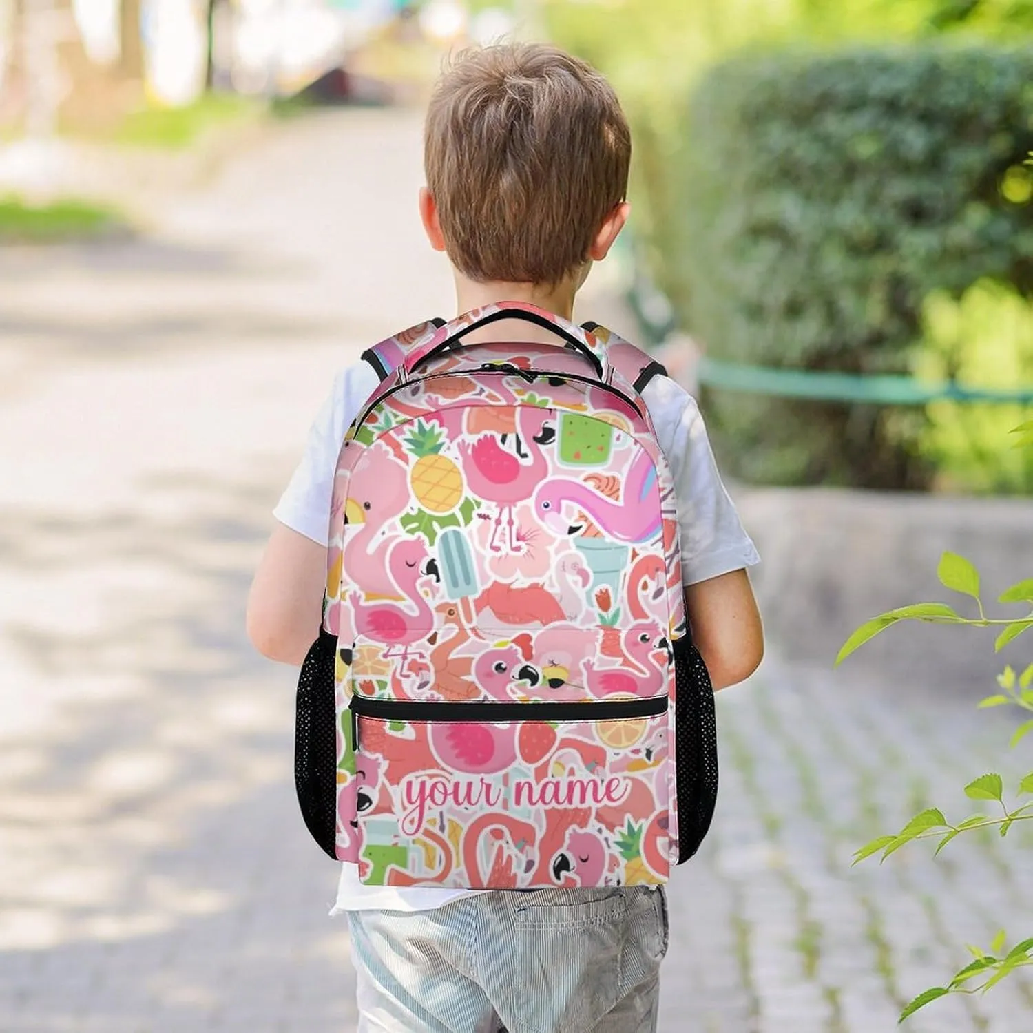 Custom Flamingo Backpack for Girls Boys, 16 Inch Pink Backpacks for School, Cute Lightweight Durable Bookbag for Kids