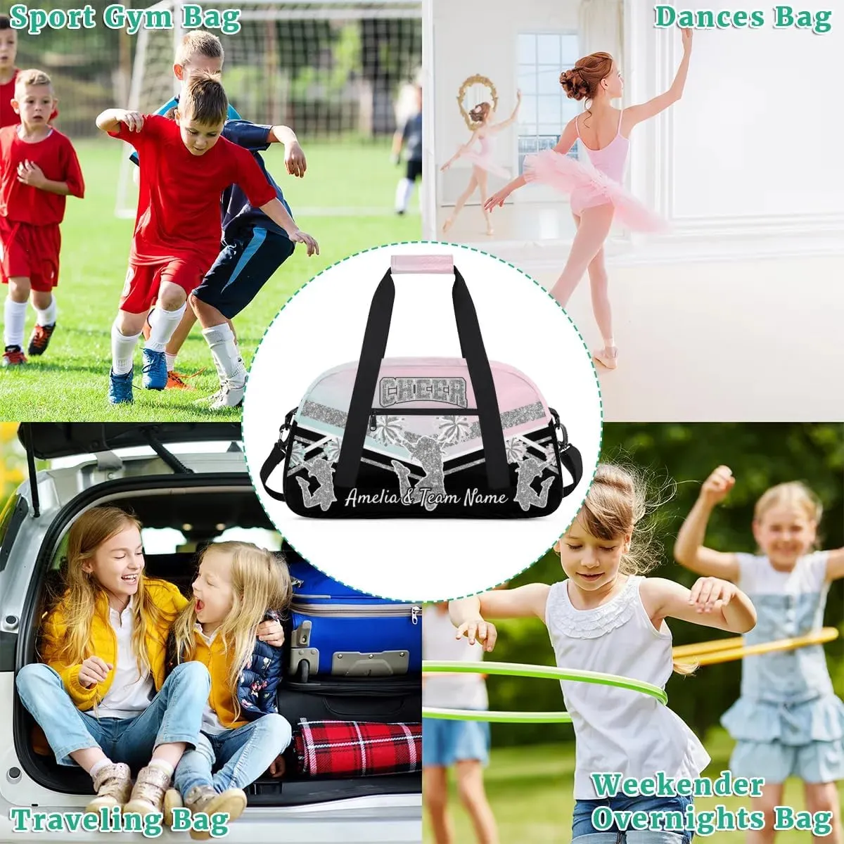Custom Gym Bag for Women Personalized Cheer Team Sports Duffel Bag Lightweight Cheerleaders Weekender Overnight Travel Duffel Bag Light Green Pink
