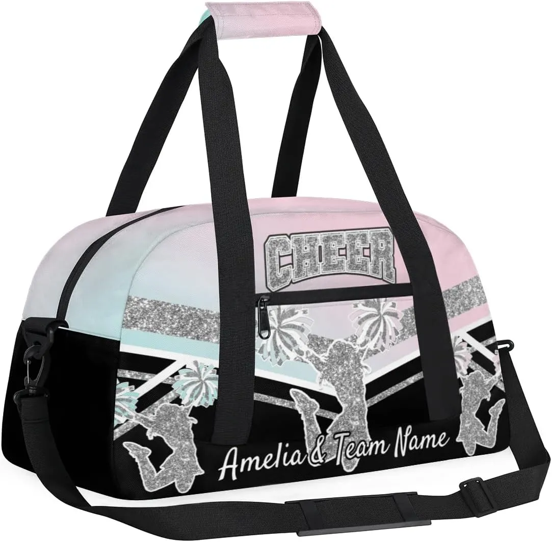 Custom Gym Bag for Women Personalized Cheer Team Sports Duffel Bag Lightweight Cheerleaders Weekender Overnight Travel Duffel Bag Light Green Pink