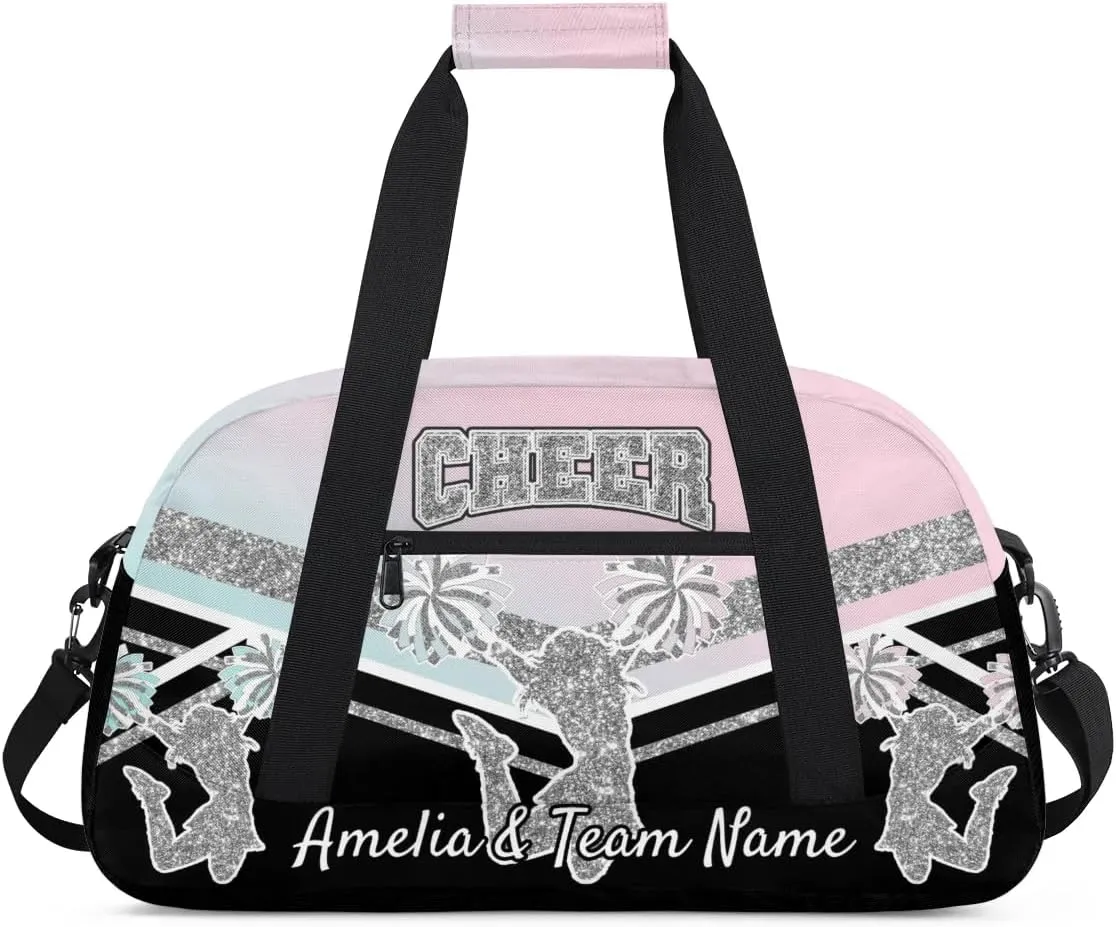 Custom Gym Bag for Women Personalized Cheer Team Sports Duffel Bag Lightweight Cheerleaders Weekender Overnight Travel Duffel Bag Light Green Pink