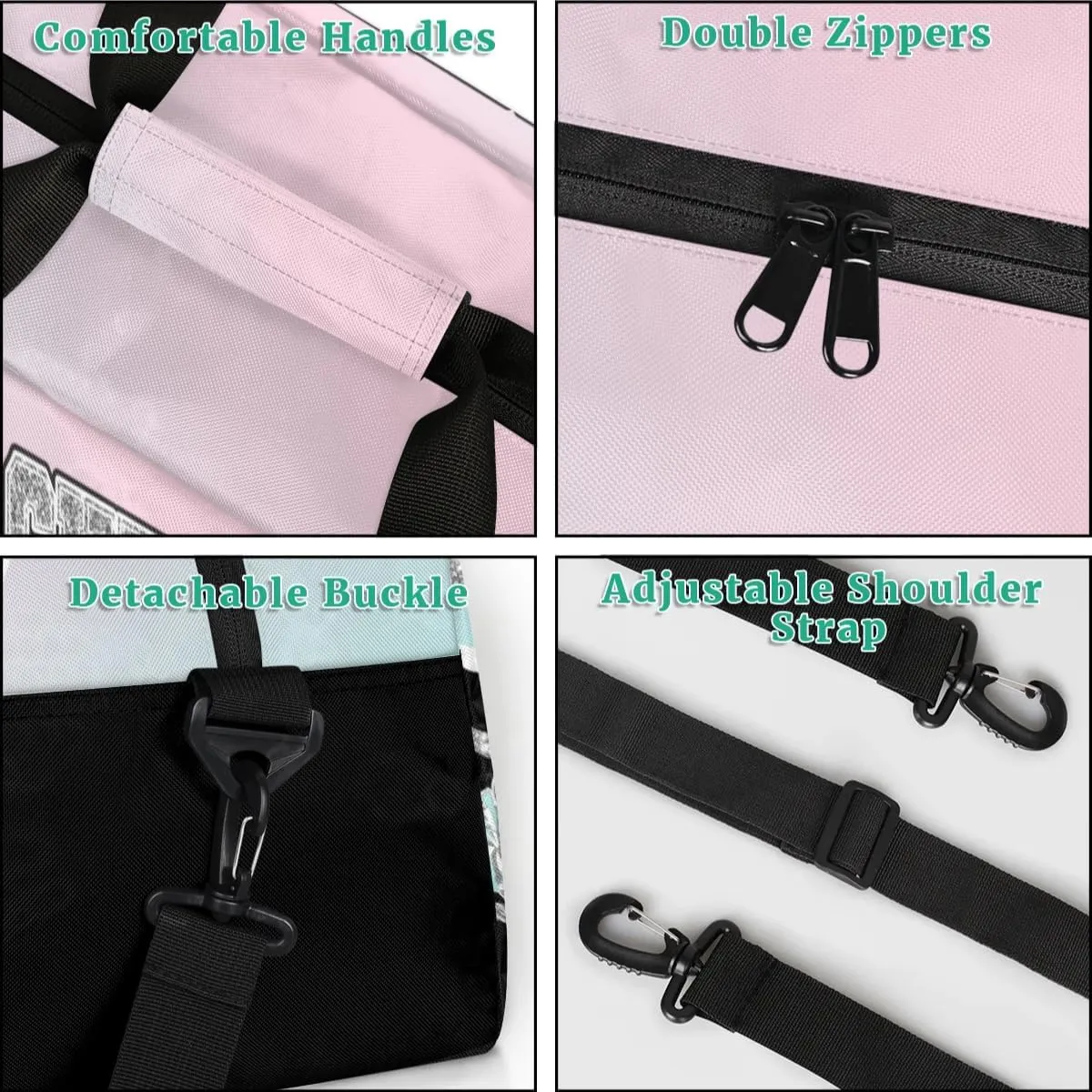 Custom Gym Bag for Women Personalized Cheer Team Sports Duffel Bag Lightweight Cheerleaders Weekender Overnight Travel Duffel Bag Light Green Pink