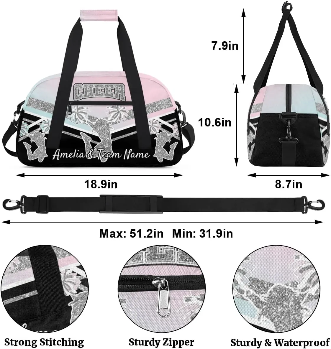 Custom Gym Bag for Women Personalized Cheer Team Sports Duffel Bag Lightweight Cheerleaders Weekender Overnight Travel Duffel Bag Light Green Pink