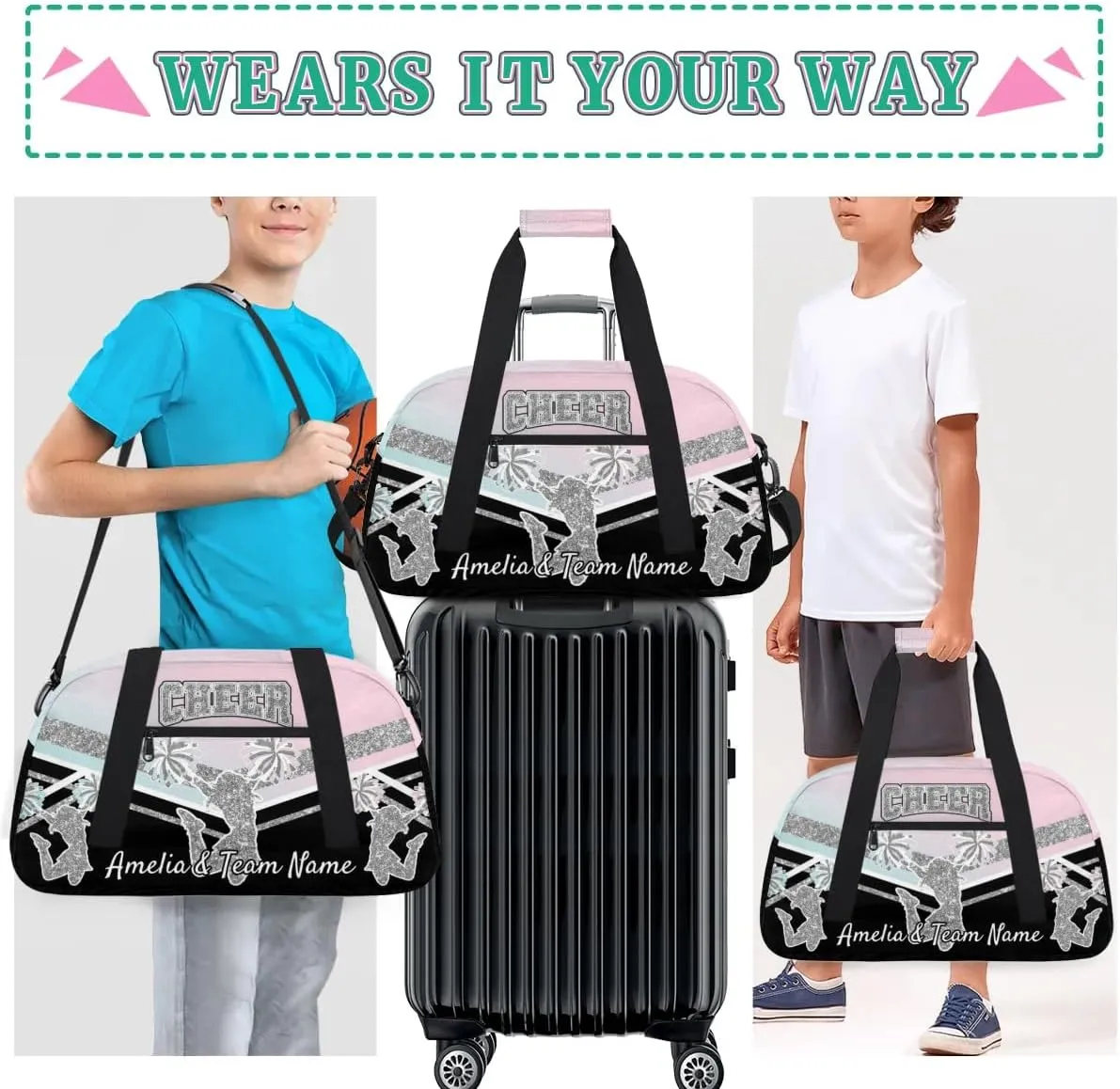 Custom Gym Bag for Women Personalized Cheer Team Sports Duffel Bag Lightweight Cheerleaders Weekender Overnight Travel Duffel Bag Light Green Pink