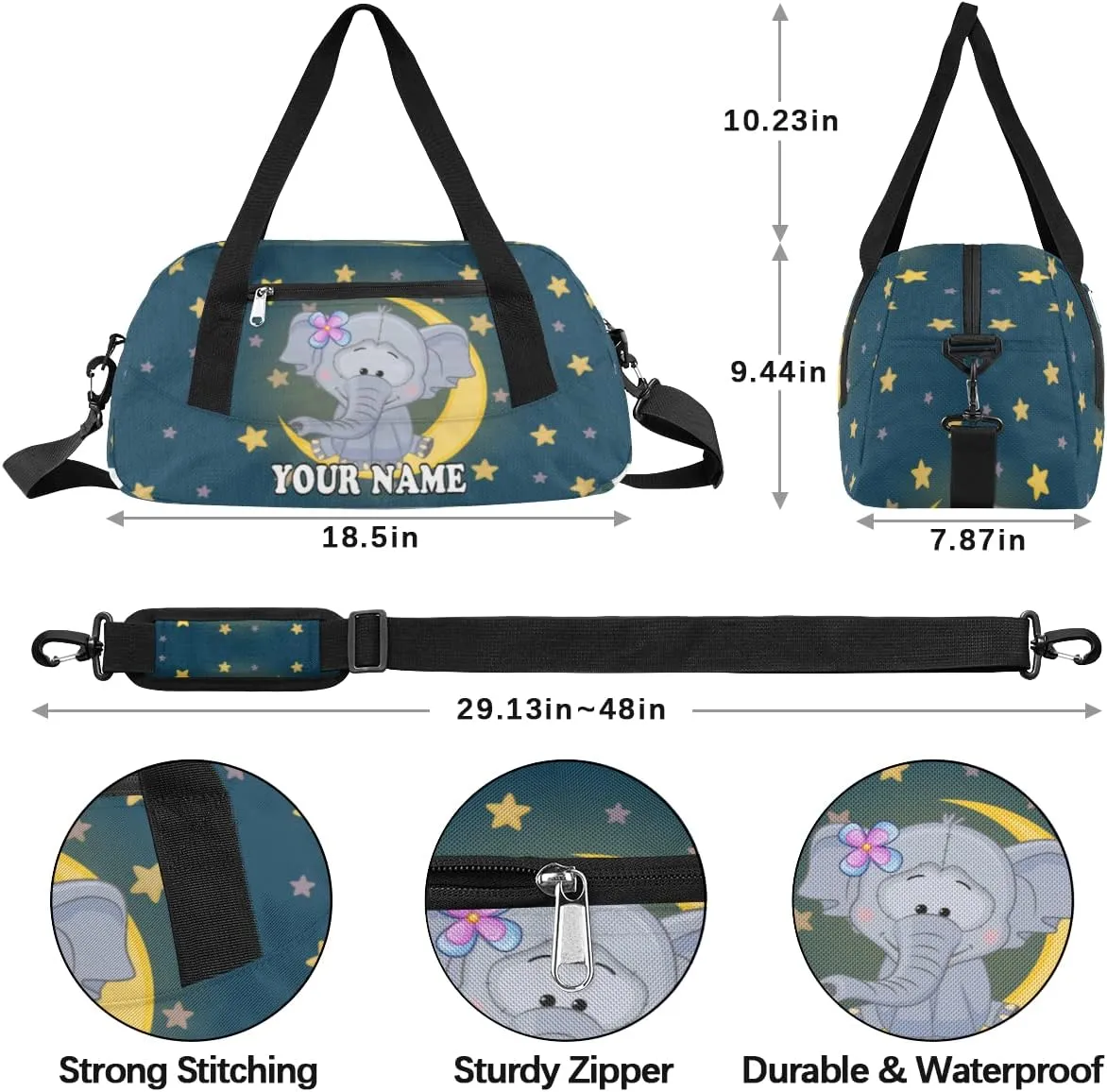 Custom Kids Duffel Overnight Bag Cute Elephant Personalized Kids Duffel Bag for Girls Boys Customized Kids Gifts - Animal Clouds
