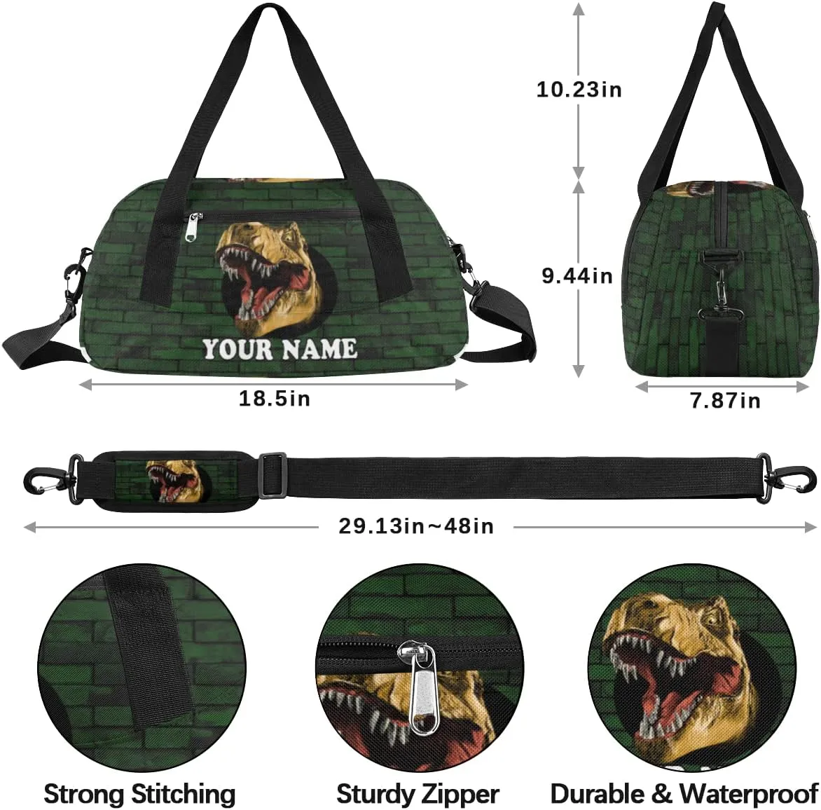 Custom Kids Duffel Overnight Bag Scary Dinosaur Personalized Kids Duffel Bag for Girls Boys Customized Kids Gifts - 3D Dino Wall