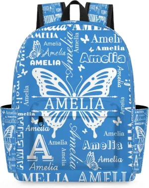 Custom Name Backpack for Travel, Personalized Casual Backpacks, Lightweight Custom Butterflies Daypack Bags with Chest Strap, Blue